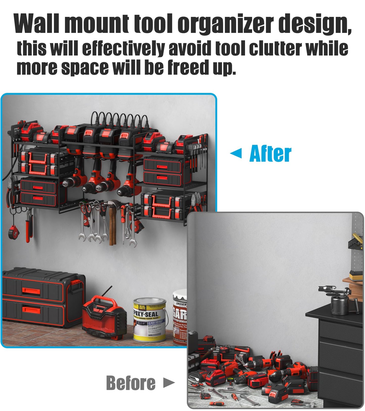 CCCEI Black Power Tool Organizer Wall Mount, Large Tools and Battery Storage Rack Charging Station Individual Switches. Drills Holder, Garage Utility Shelves with 6FT Power Strip. Gift for Men.