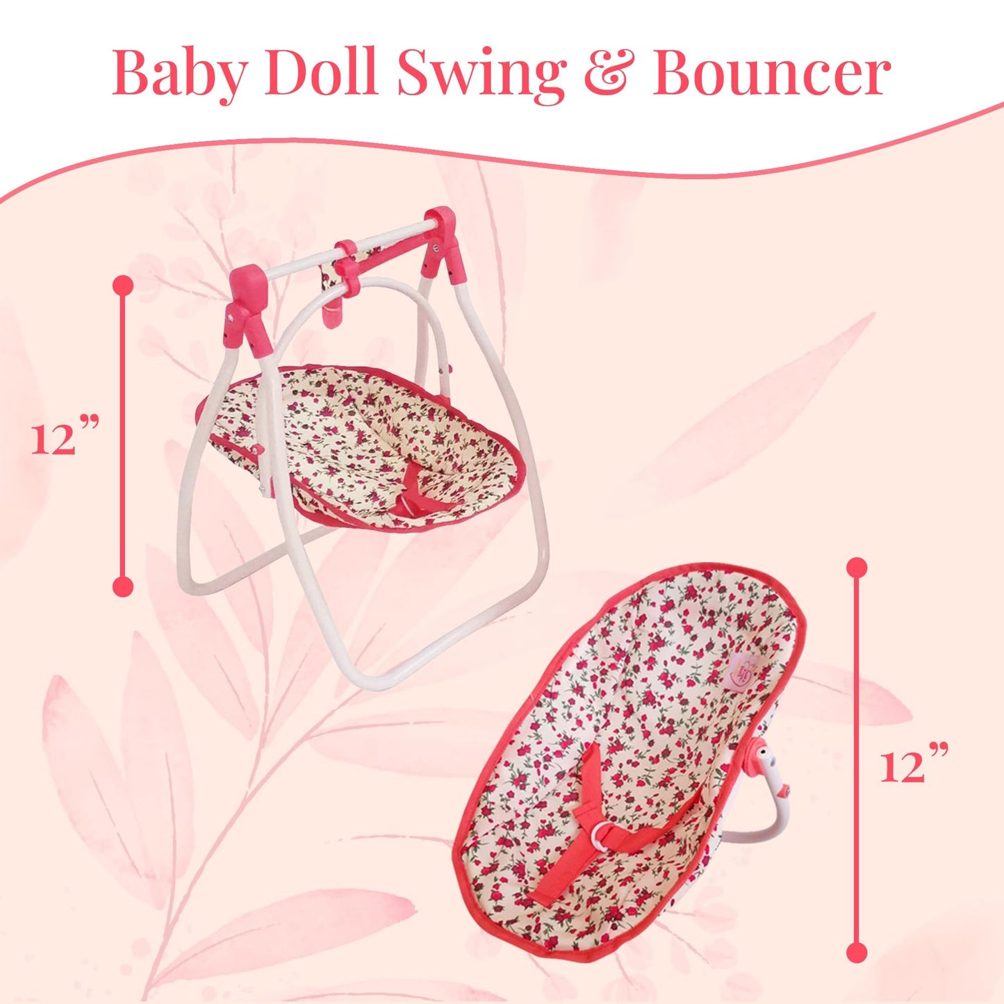 Deluxe Baby Doll Stroller and Crib Furniture Playset, Multi Baby Doll Accessories Set for 18" Dolls, Includes Doll Stroller Swing and Doll Bed Pretend Play for All Dolls - Floral