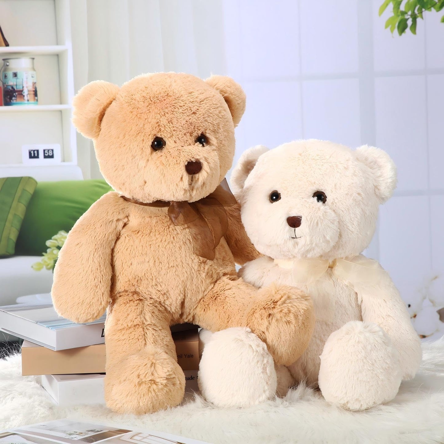 HyDren 2 Pack Bear Stuffed Animals 18 Inch Cuddly Stuffed Bear Plushies with Bow for Birthday Gifts Baby Shower Decors Valentines Party Decors(Beige, Light Brown)