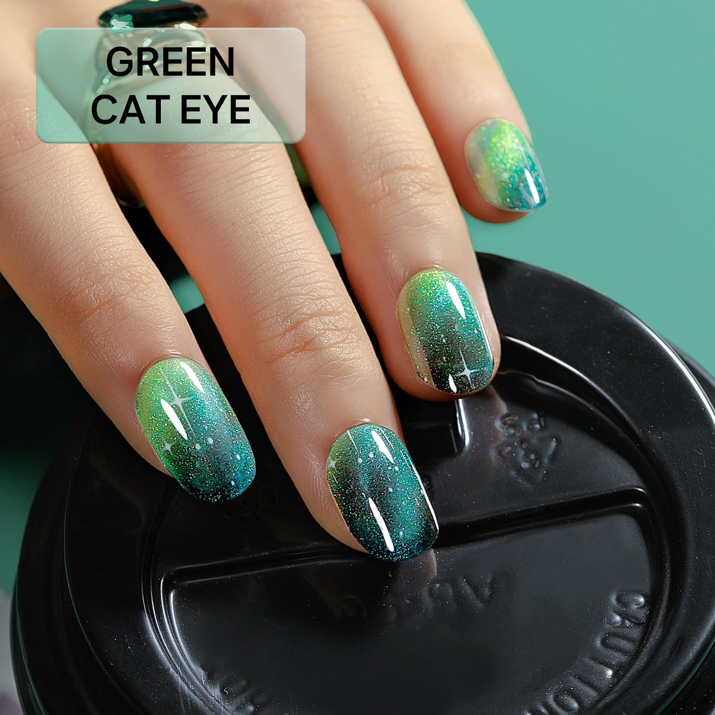 MIZHSE Semi Cured Gel Nail Strips, Green Cat Eye 30PCS Gel Nail Wraps, Stickers, UV Light Required, Salon Quality, Long Lasting Easy to Apply & Remove - Includes 2 Prep Pads, Nail File & Wooden Stick