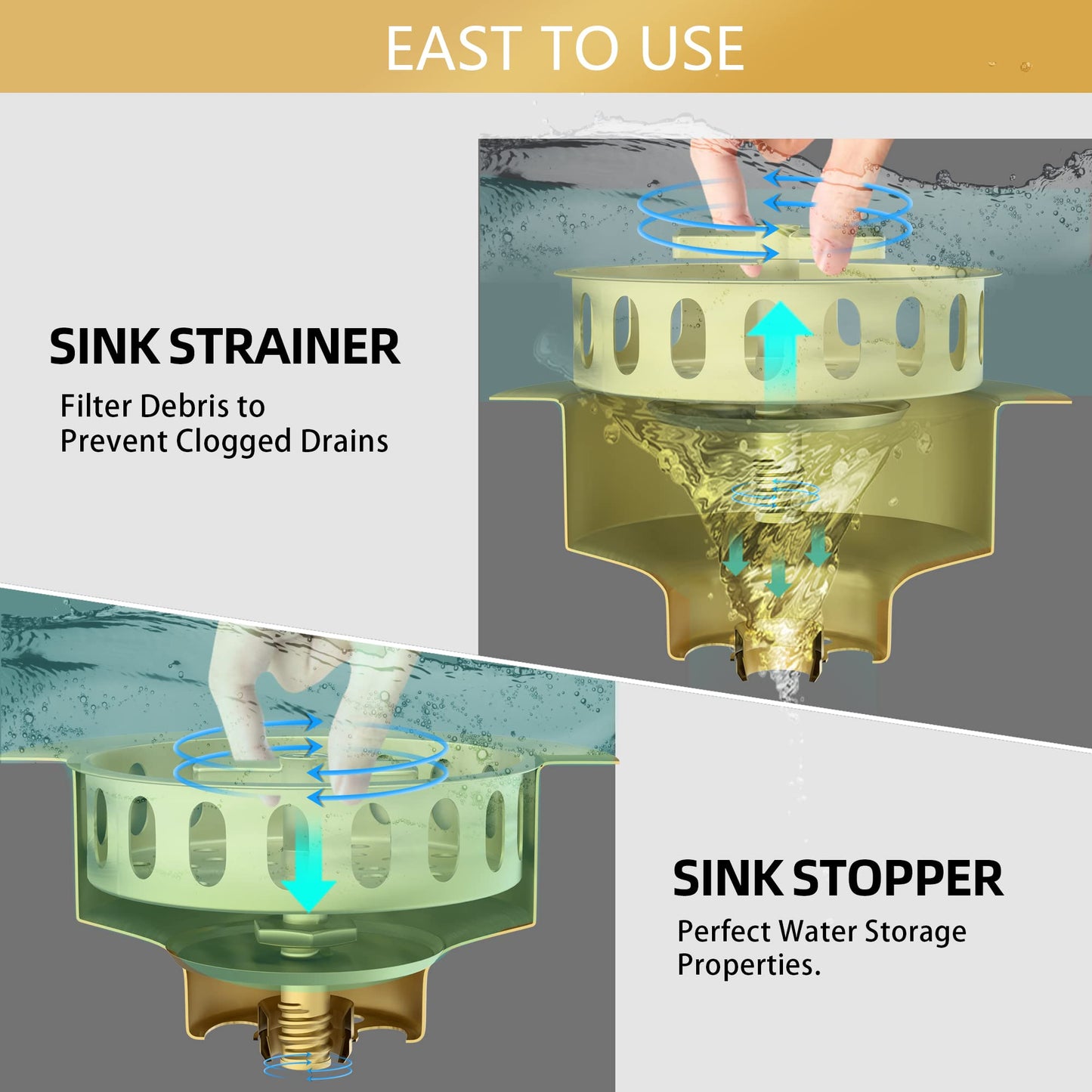 Exakey Gold Sink Drain Strainer 3-1/2 Inch Kitchen Sink Drain Assembly Kit with Stainless Steel Strainer Basket and Drain Stopper for Standard Kitchen Sink Brushed Gold