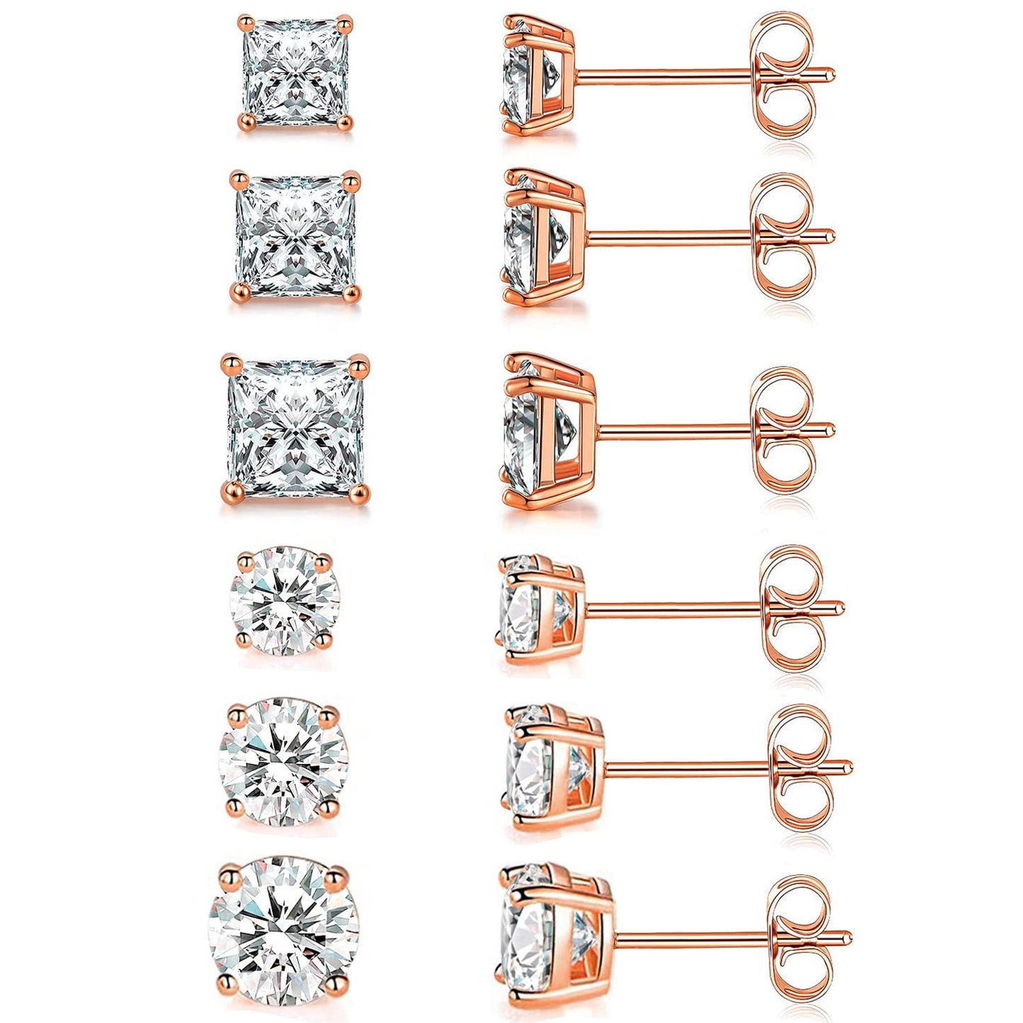18K Rose Gold Plated Round Princess Cut Clear Cubic Zirconia Stud Earring of 6 Pairs (6 Pairs)