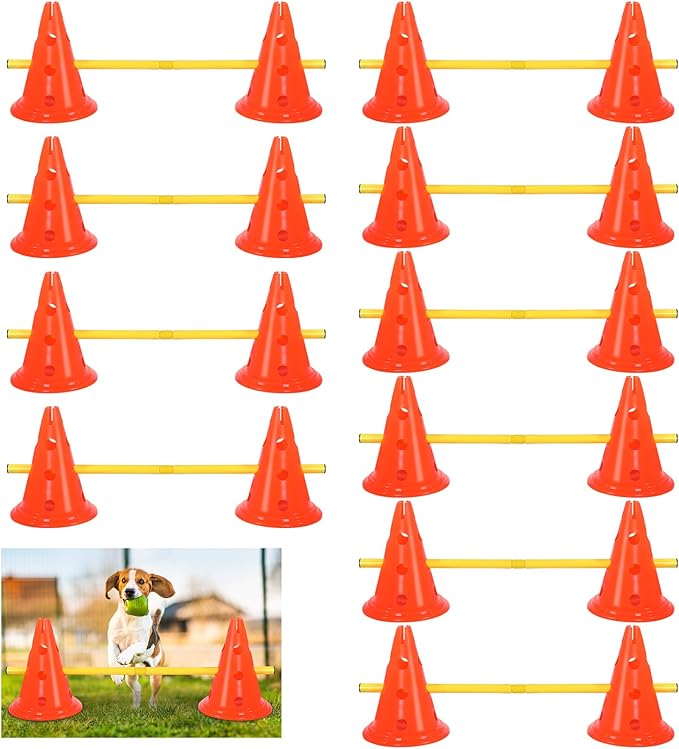Glimin 10 Sets Dog Agility Hurdle Cone Set 20 Pcs Exercise Cones with 10 Pcs Rods Adjustable Obstacle Portable Agility Training Equipment Canine Pole(Orange and Yellow)