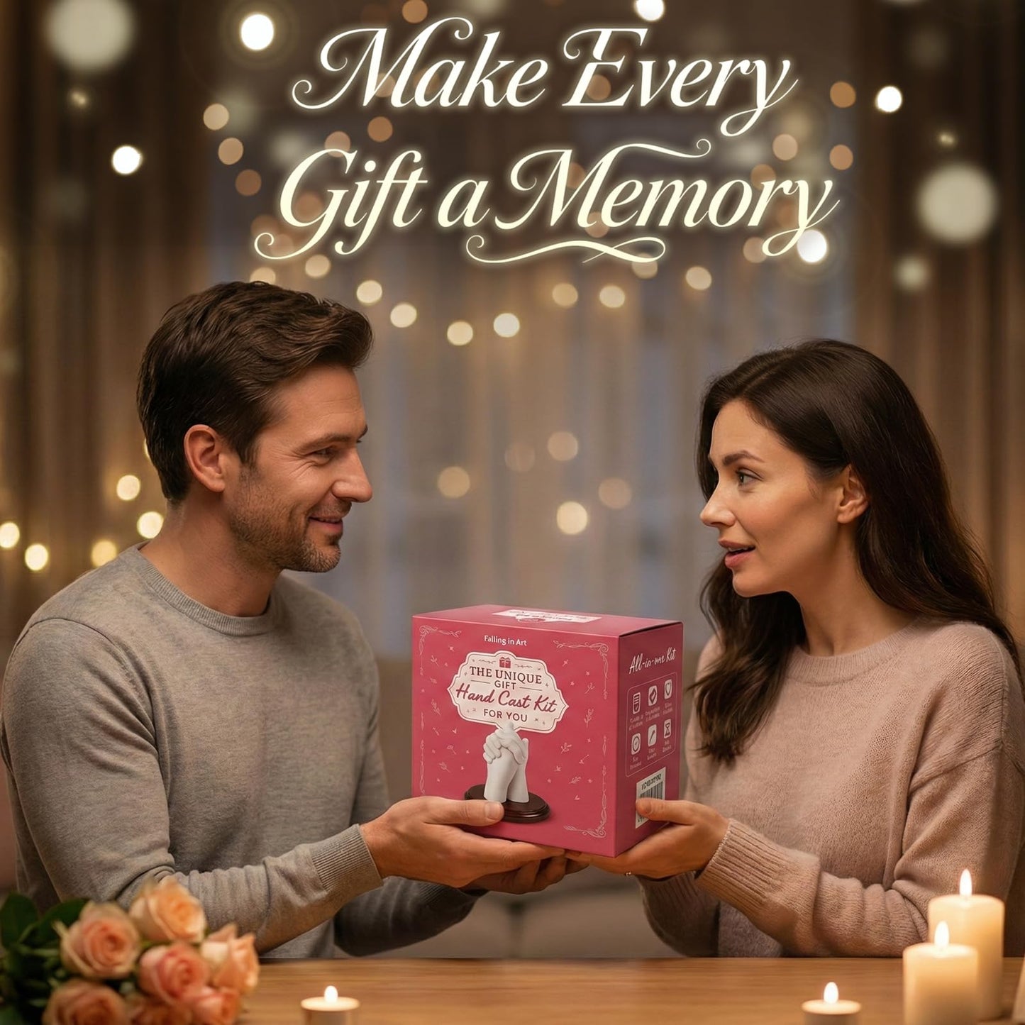 Falling in Art Hand Casting Kit Couples - Keepsake Plaster Hand Mold Kit for Family, Kids, Adults with Large Bucket, Gloves, Powder Materials, Color Paints, Wooden Base, Valentine's Day Gift