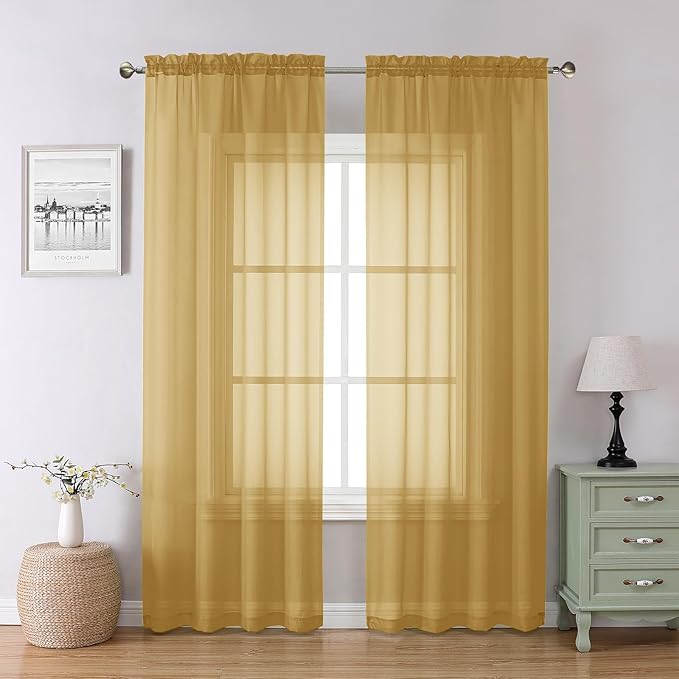 Chyhomenyc Gold Sheer Curtains 84 inches Long 2 Panels Set - Light Filtering Curtains for Living Room, Soft Gentle Voile Rod Pocket Bedroom Window Drapes, 42Wx84L Inch, 2PCS