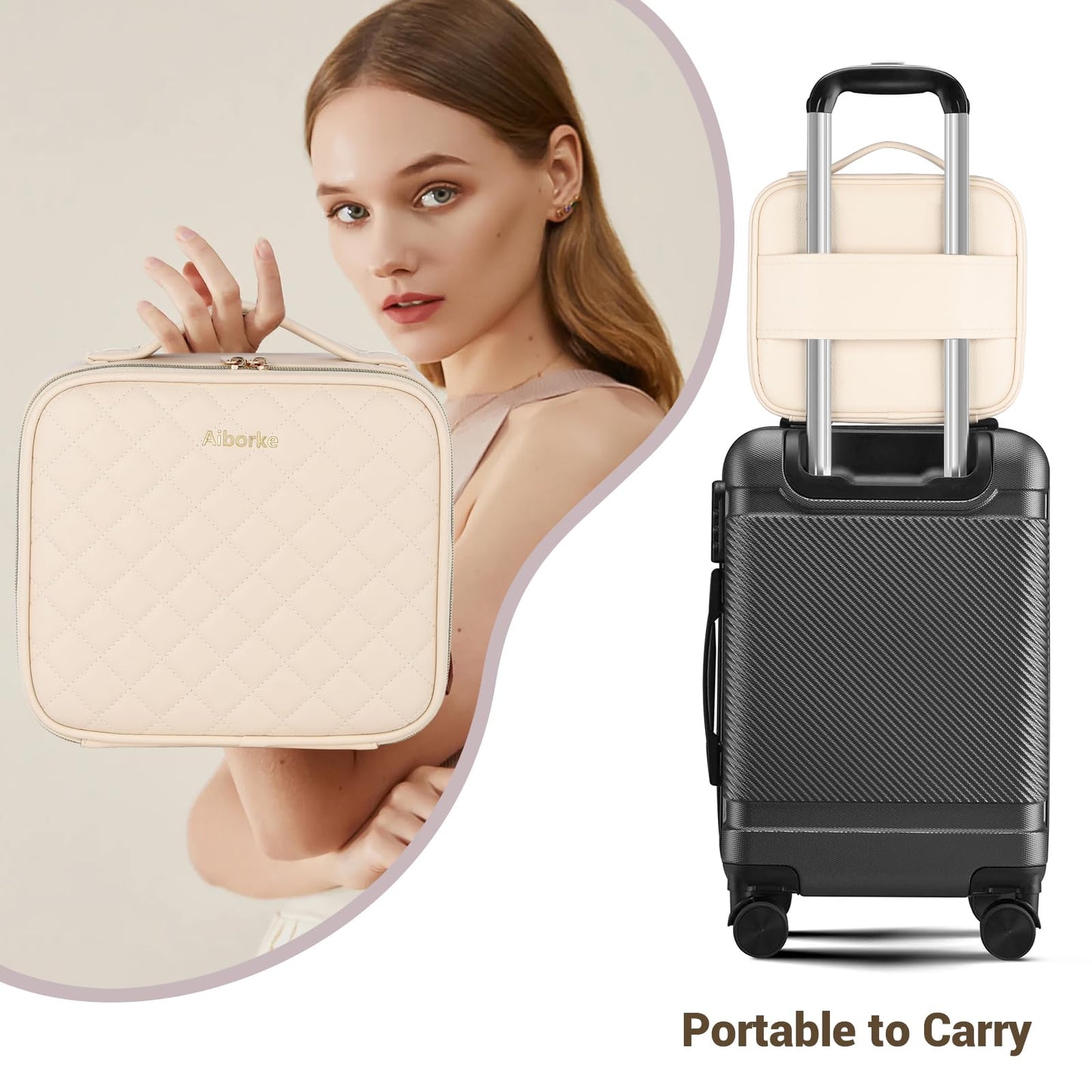 Aiborke Travel Makeup Bag with Led Mirror Make up Case with Lighted Mirror Cosmetic Organizer bag with Adjustable Dividers and 5X Magnifying Mirror Makeup Box Organizer Vanity Case for Women (Beige)