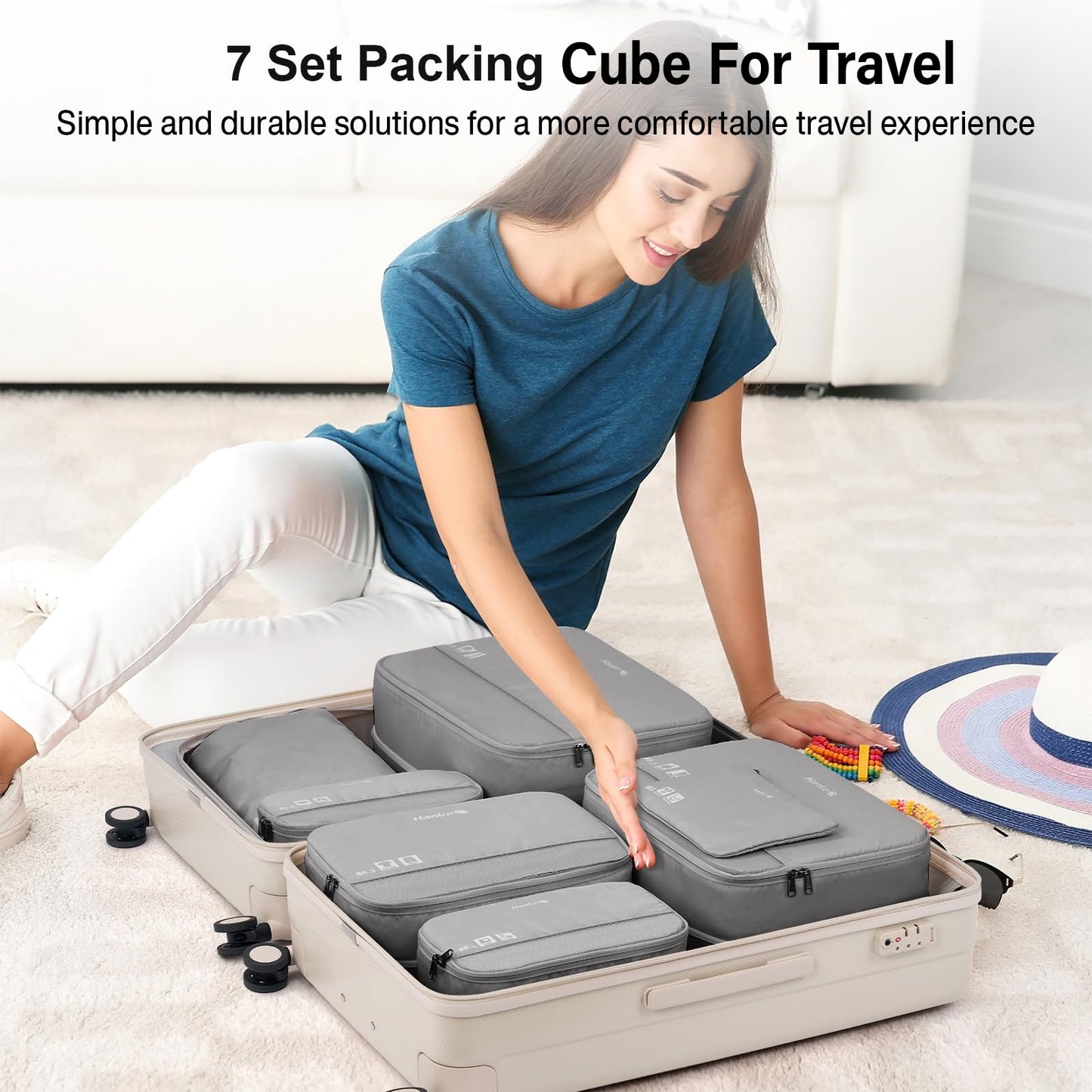 Hanke 7 Set Compression Packing Cubes for Travel, Expandable Large Packing Cubes for Suitcases and Backpack, Luggage Packing Organizer Bags with Double Zipper as Travel Essentials,Light Grey