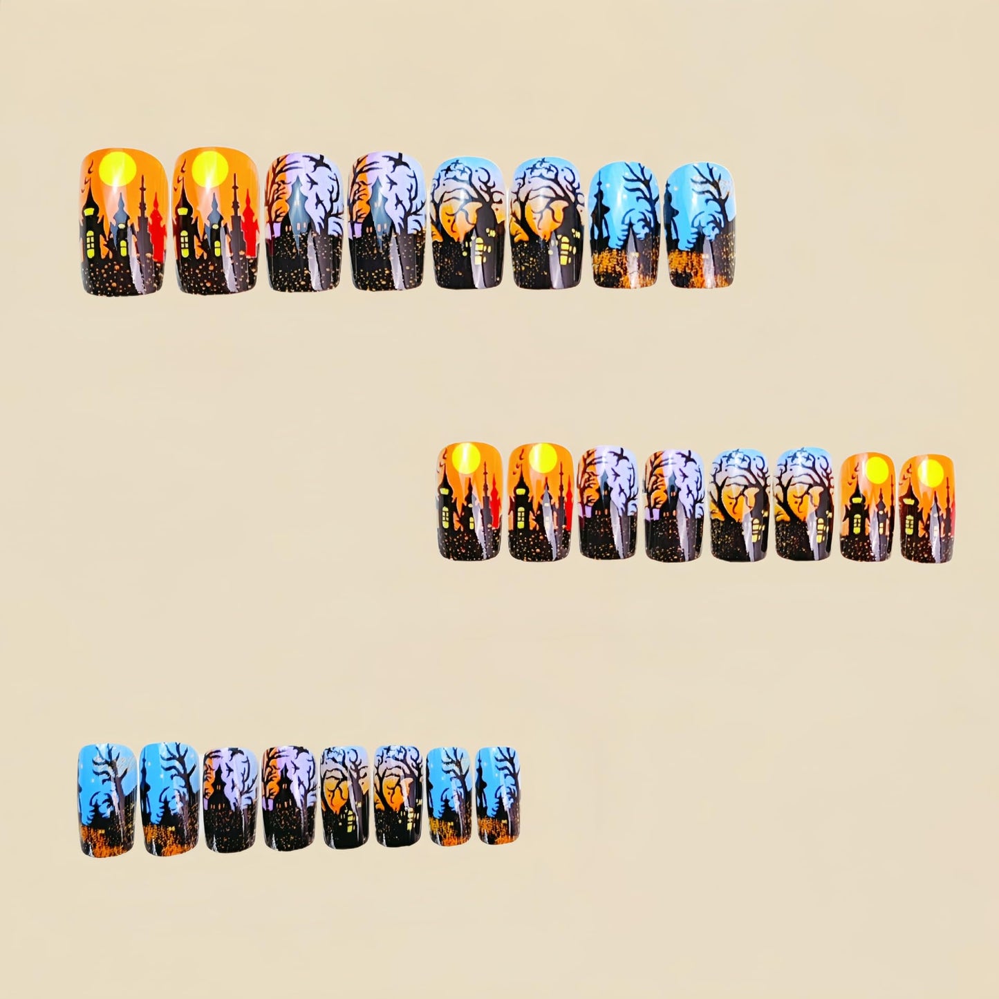 Square Hallowen Fake Nail Castle Forest Nails Press ons Terror Medium Length False Nail with Design Gradient Artificial Acrylic Nails Halloween Glue on Nail for Women 24Pcs