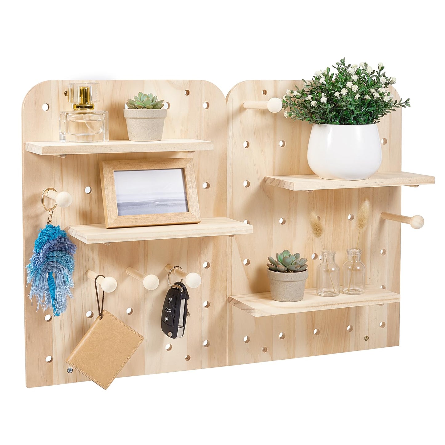 GLASSWINDS Wood Pegboard Wall Organizer Combination Kit, 2 Office Peg Board Panels with 18 Accessories, Modular Display DlY Storage Crafts Organization Wall Hooks Shelf for Bedroom Study Home