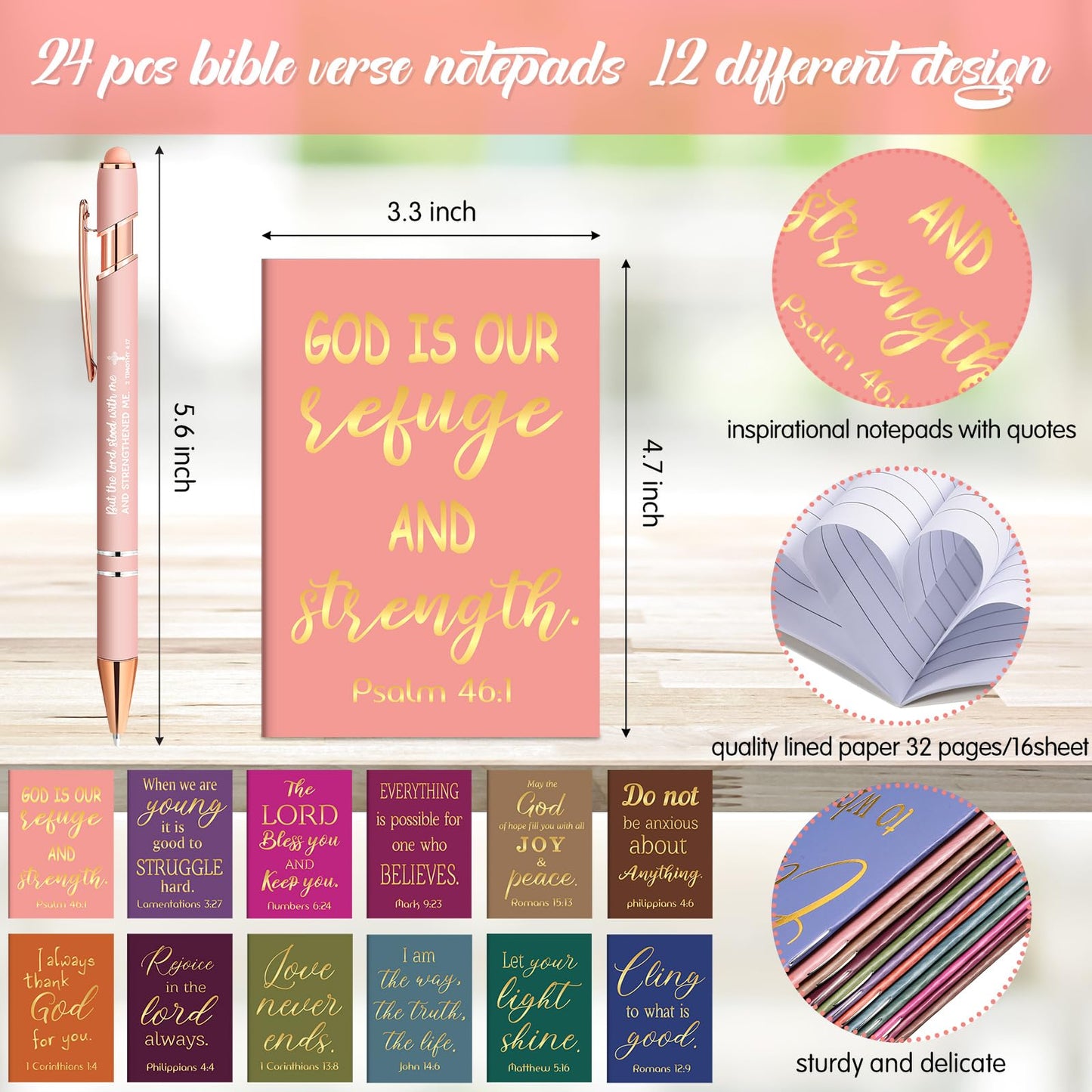 Estune 72 Pcs Christian Bible Gifts Set Bulk Religious Scripture Notebooks Scripture Quote Inspirational Ballpoint Pens Verse Keychain Christmas Inspirational Bible Gifts for Office (Religion)