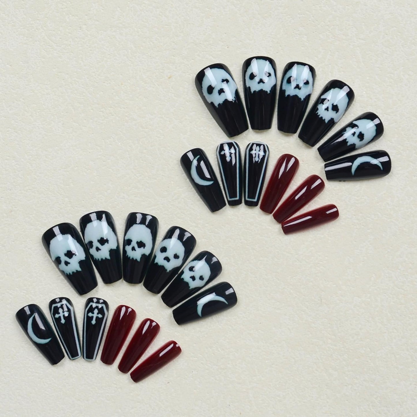 Halloween Press on Nails Medium Coffin Shape Fake Nails with Horror White Skull Designs Full Cover Stick on Nail Glossy Red Black Acrylic False Nails for Women Party Manicure Decor 24 Pcs