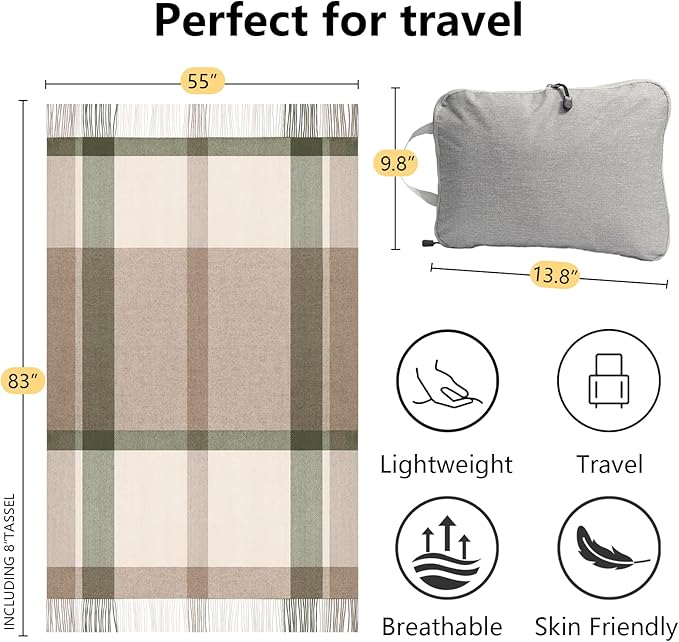 Throw Blanket Plaid with Carry Bag | Soft Wool Travel Blanket 55"x83" 2lbs| Oatmeal Checkerboard Plaid Decorative Throw for Couch, Camping & Gift