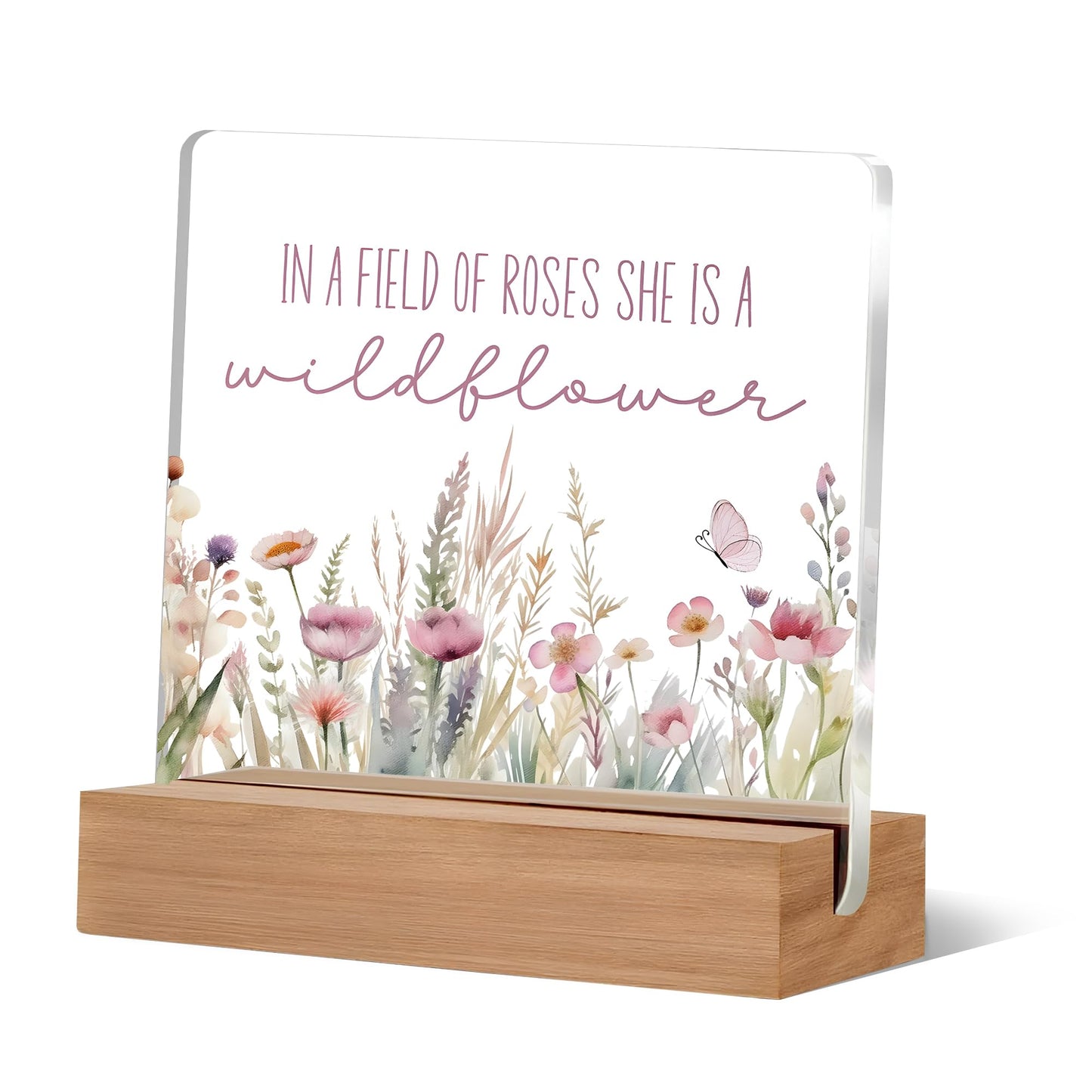 Lacosu Inspirational Desk Decor, Wildflower Acrylic Sign, 4 x 4 Inches, Acrylic & Wood, Home & Office Decor, Motivational Gift