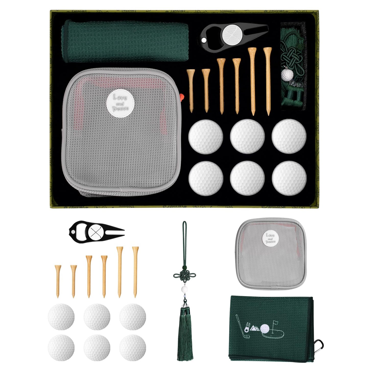 Golf Gift Set for Men - 6 Balls, Tees, Divot Tool, Towel & Organizer Bag - Lucky Chinese Knot Charm - Ideal Gift for Dad, Husband, Father's Day & Christmas