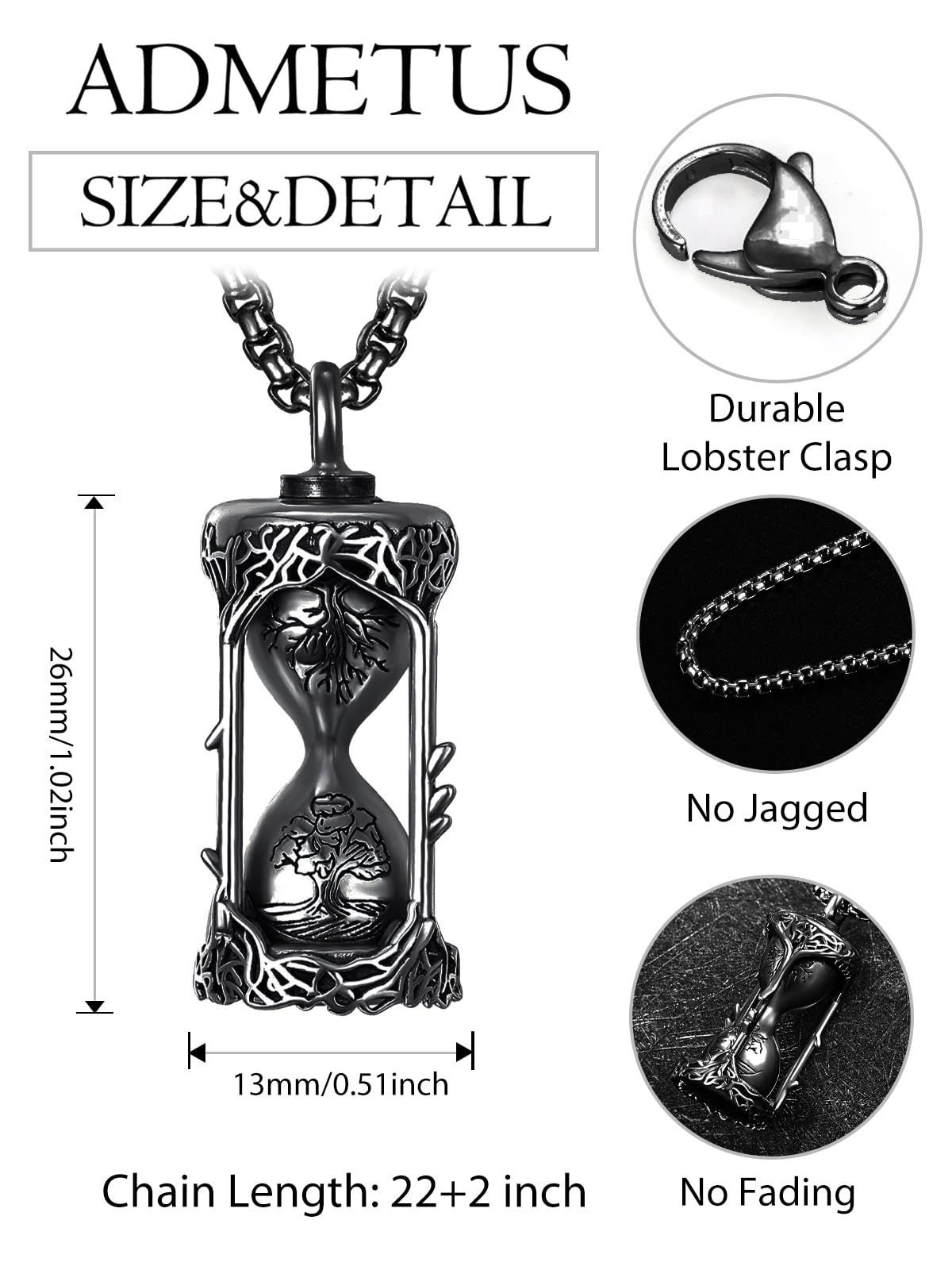 ADMETUS Tree of Life Hourglass Urn Necklaces for Ashes Black Cremation Jewelry for Ashes for Men Ash Keepsake Pendant Memorial Gifts