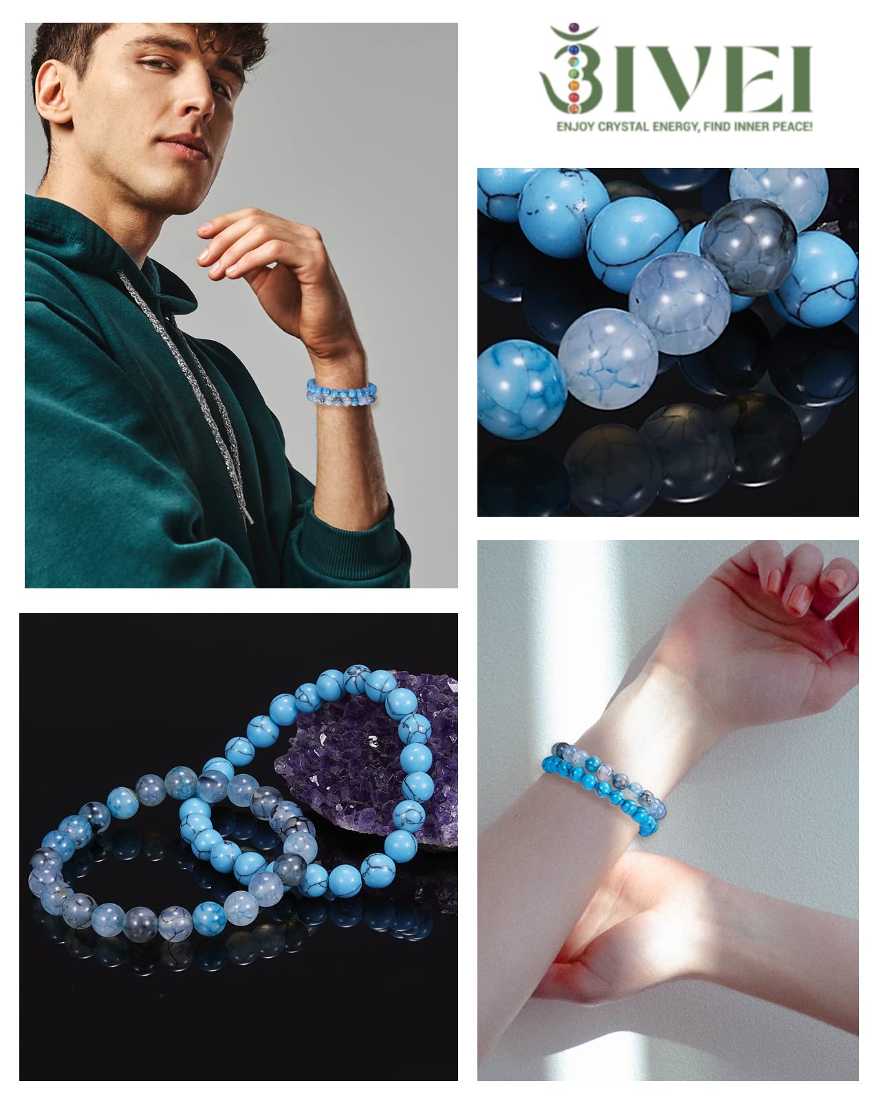 Bivei Natural Gemstone Semi Precious Crystals Handmade Stretchy Round Beads Bracelet, Stocking Stuffers for Women(Blue Dragon Vein Agate & Turquoise (Strength & Protection) Medium)