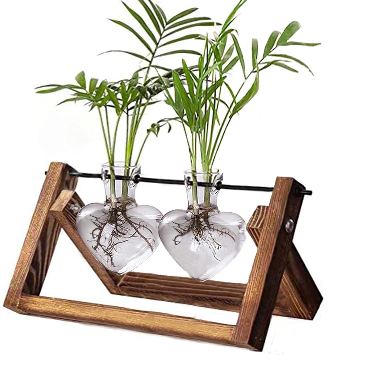 Kingbuy Glass Desktop Planter with Retro Wooden Stand and Plant Terrarium Vase (2 Hearts) for Indoor Home Office Desk Decor Accessories