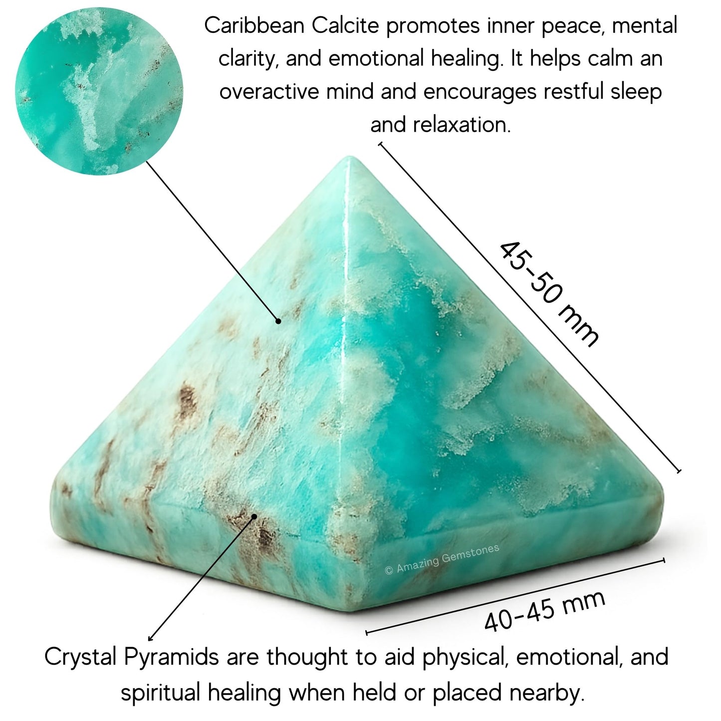 Amazing Gemstone Carribean Calcite Pyramid Crystal Healing Stones - 2" Great Pyramid Figurine of Natural Stone Pyramid for Meditation, Reiki, Chakra Balancing and Crystal Pyramids Grid