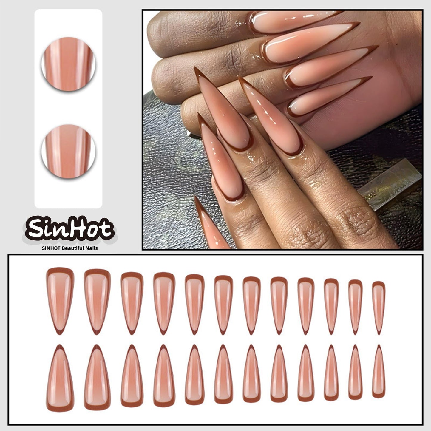 SINHOT Stiletto Press on Nails - Long Fake Nails, Glossy Finish, Nude Pink Ombre & Brown Edge, DIY Artificial False Nail Art - 24 Pcs Nail Kit with Glue