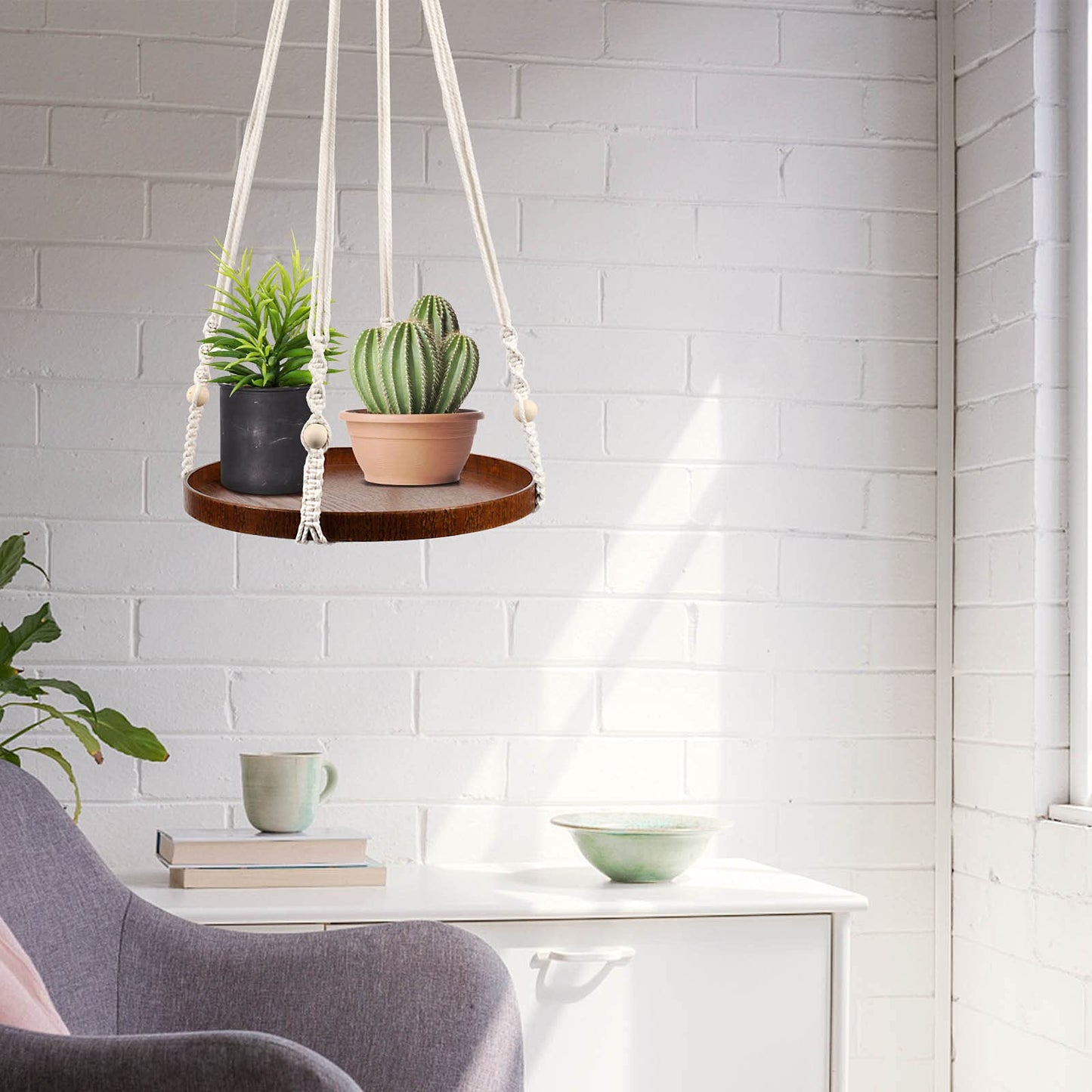 E-Know Macrame Plant Hanger - 2 Set Indoor Hanging Planter Shelf - Hanging Planter Rack Decorative Flower Pot Holder - Handmade Cotton Plant Hangers with Wood Tray Boho Home Decor