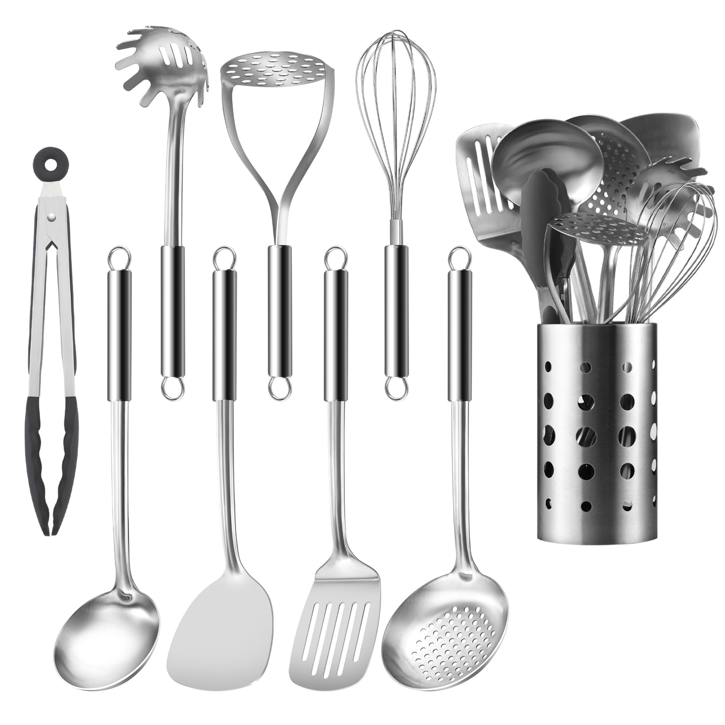 Pleafind Stainless Steel Cooking Utensils Set, 9 Pcs Heat Resistant Kitchen Utensils Set, Nonstick Kitchen Tools Set With Utensil Holder, Metal Spatula Set for Chef, Dishwasher Safe