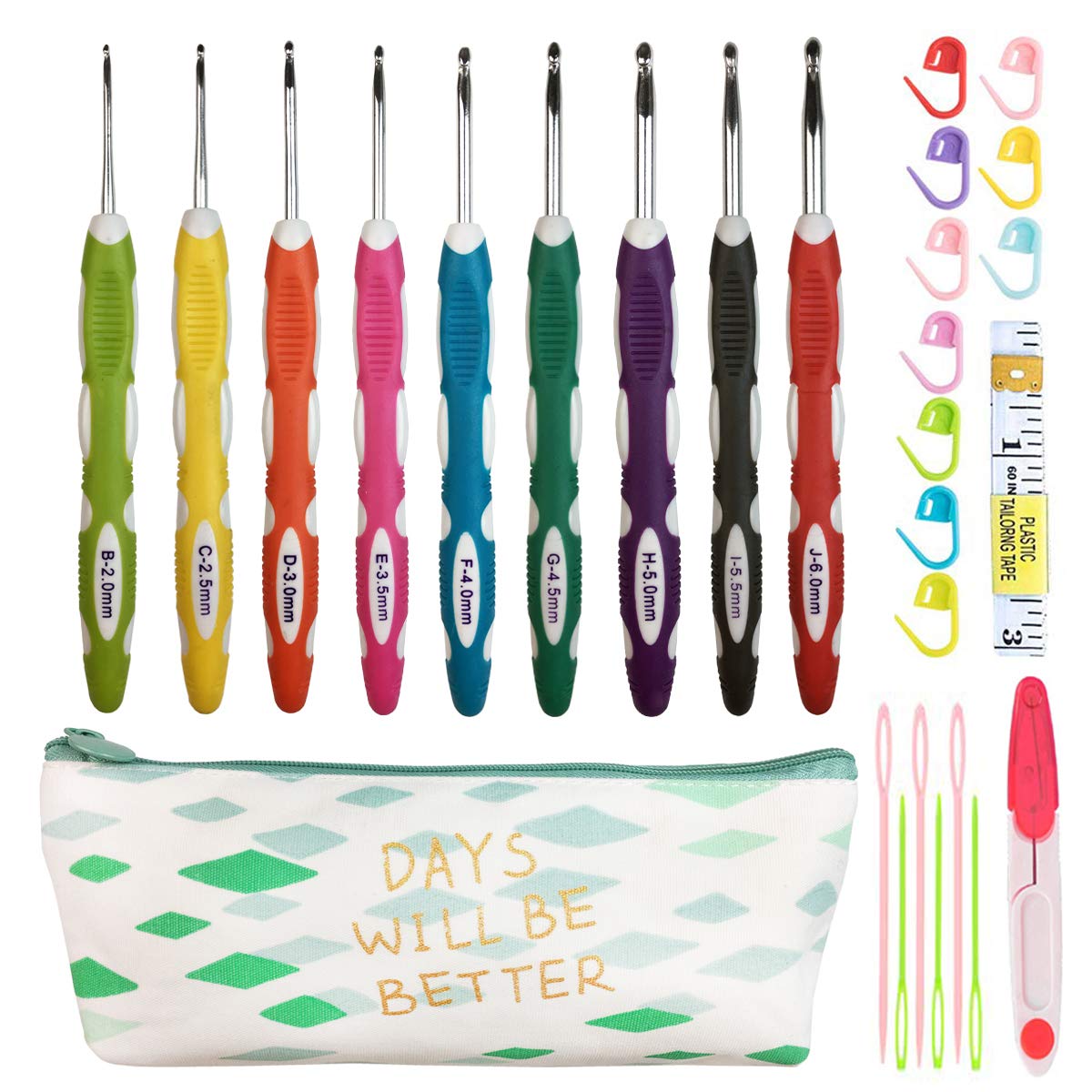 Latest Set of 27 PCS Ergonomic Crochet Hooks Set with Case Extra Long Soft Grip Handles Crochet Hook Needles for Arthritic Hands,Standard US Size B(2MM)-J(6MM)