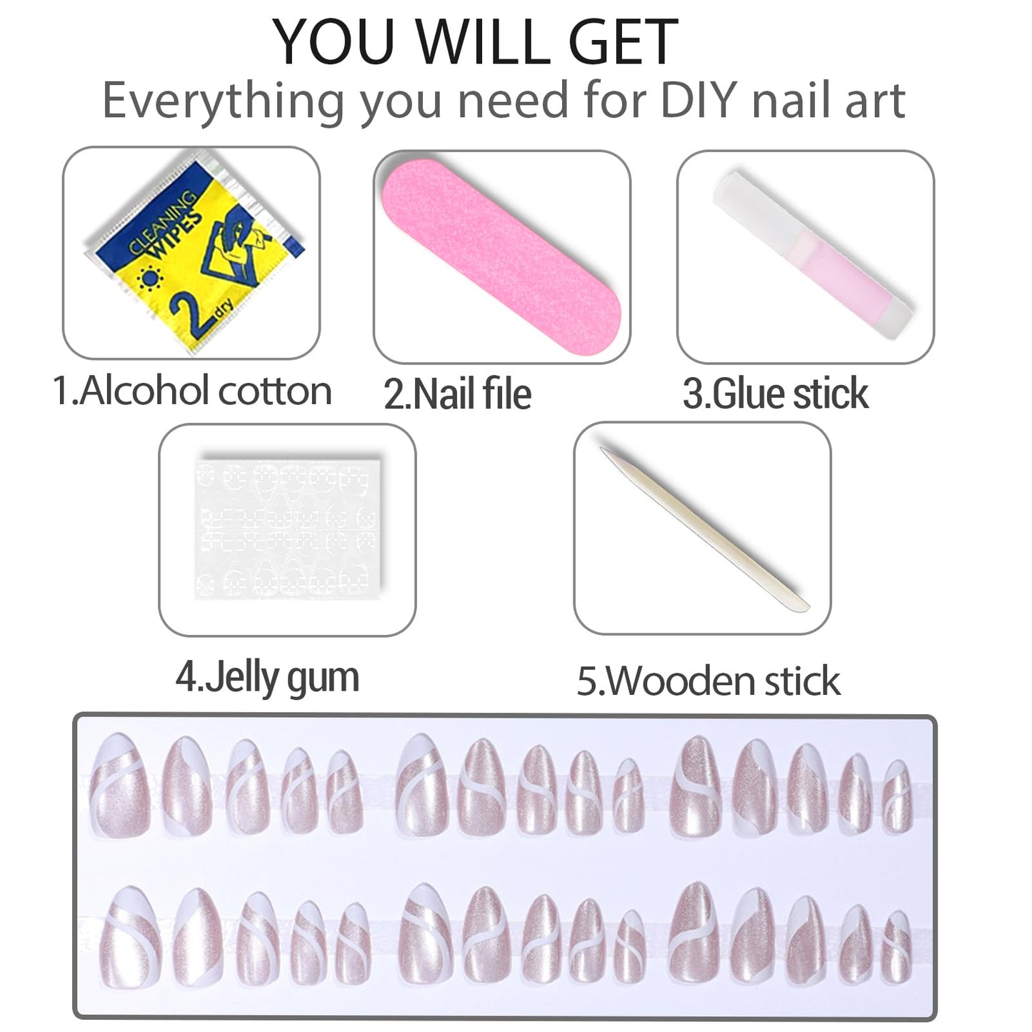 WAFOLOZE Press On Nails Long Almond Fake Nails Holiday Nail Press Ons With Simple White Lines Cat's Eye Design, Artificial False Nails Stick On Nails for Women-30Pcs