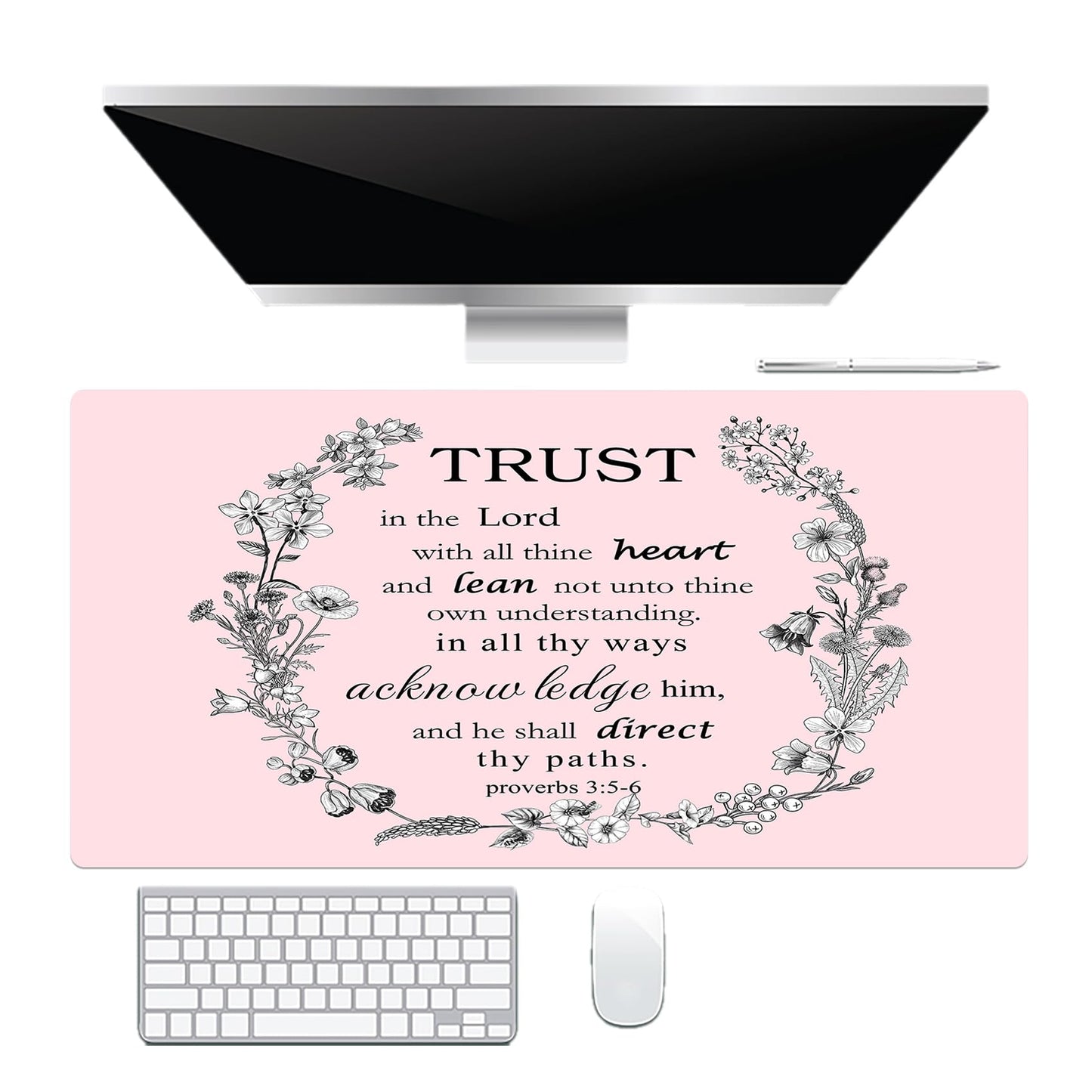 EOBTAIN Pink Large Mouse Pad Bible Verse Keyboard Mat 31.5x15.7 Inch Scripture XXL Extended Desk Mat Smooth Non-Slip Rubber Mousepad Relaxing Spiritual Desk Accessories for Office Home