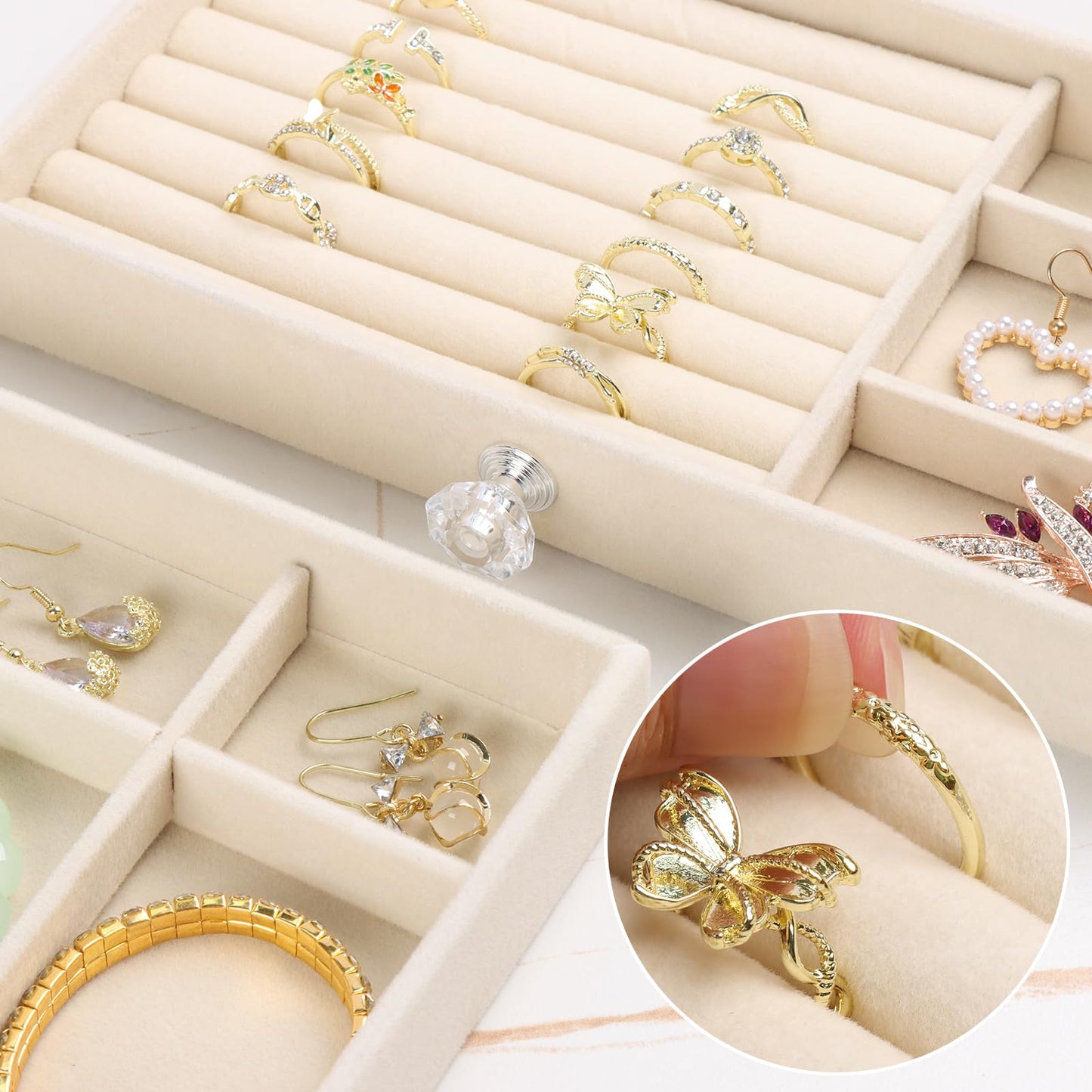 Hyber&Cara Luxury Acrylic Jewelry Box Organizer - 5 Drawers Velvet Lined Clear Stackable Storage for Earrings Necklaces Rings Bracelets Elegant Beige Dresser Top Vanity Display