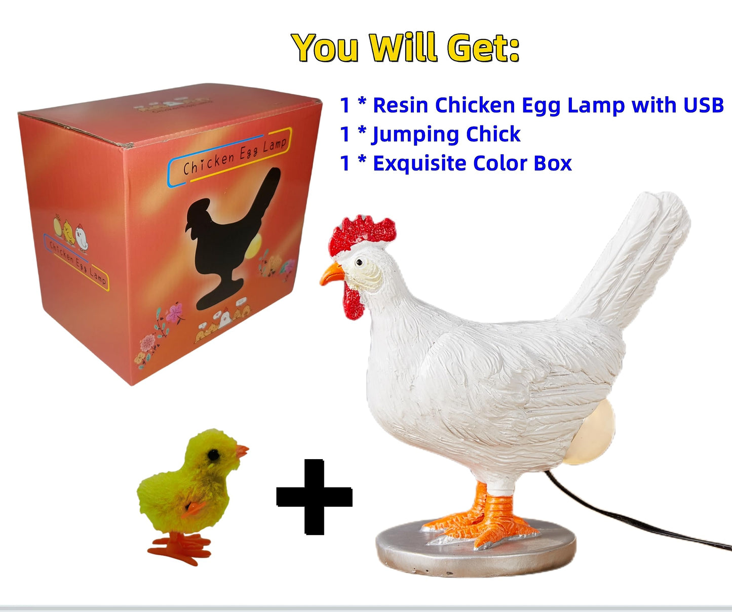 BooLai Chicken Egg lamp,3D Chicken lamp,Lifelike LED Egg Lamp, Funny Resin Chicken Egg Night Light with USB, Colorful Box Packing (A)