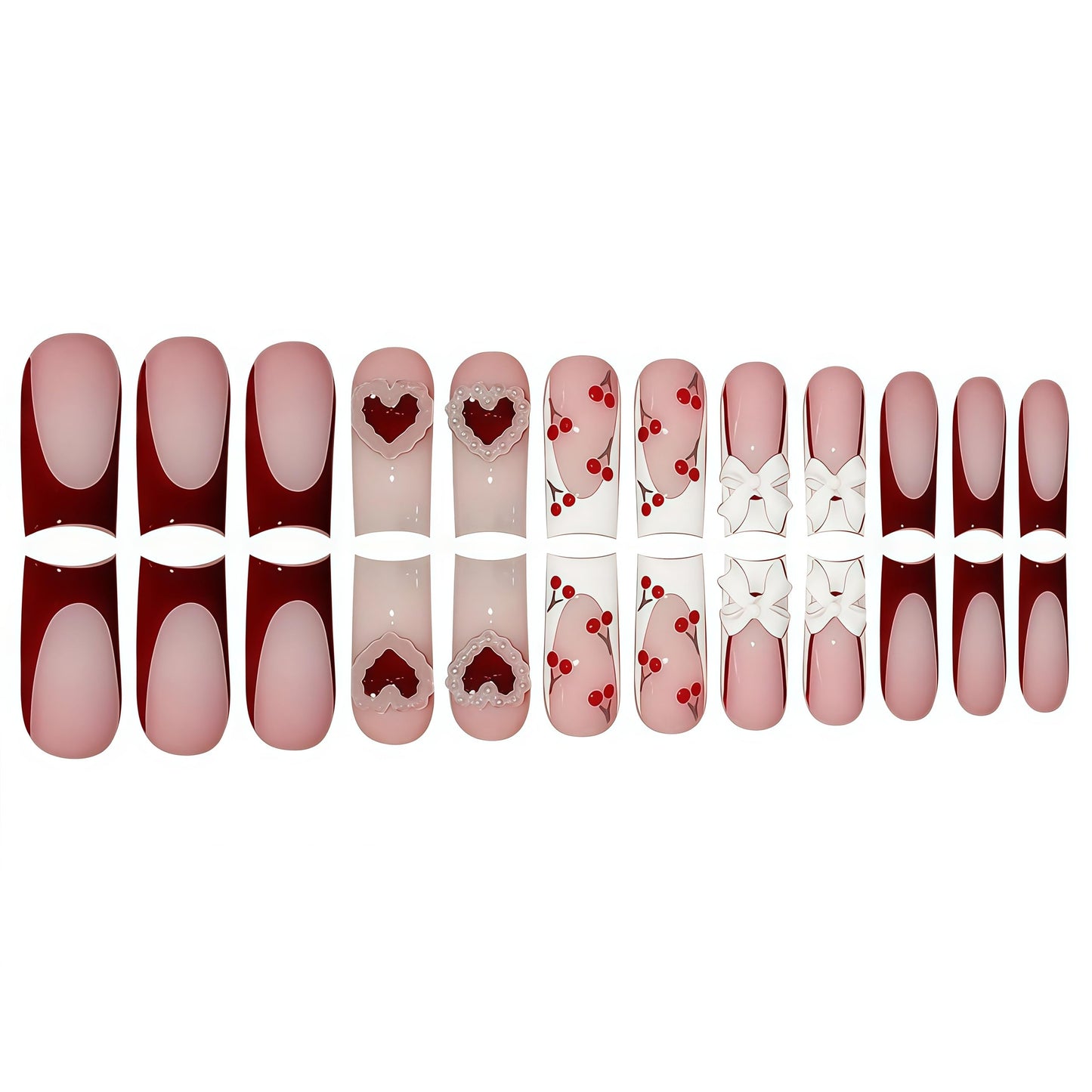 Long Press on Nails Square Fake Nails White Acrylic Nail Press Ons Seeneey Bow and Cherry Designs Cute Stick on Nail for Women 24pcs
