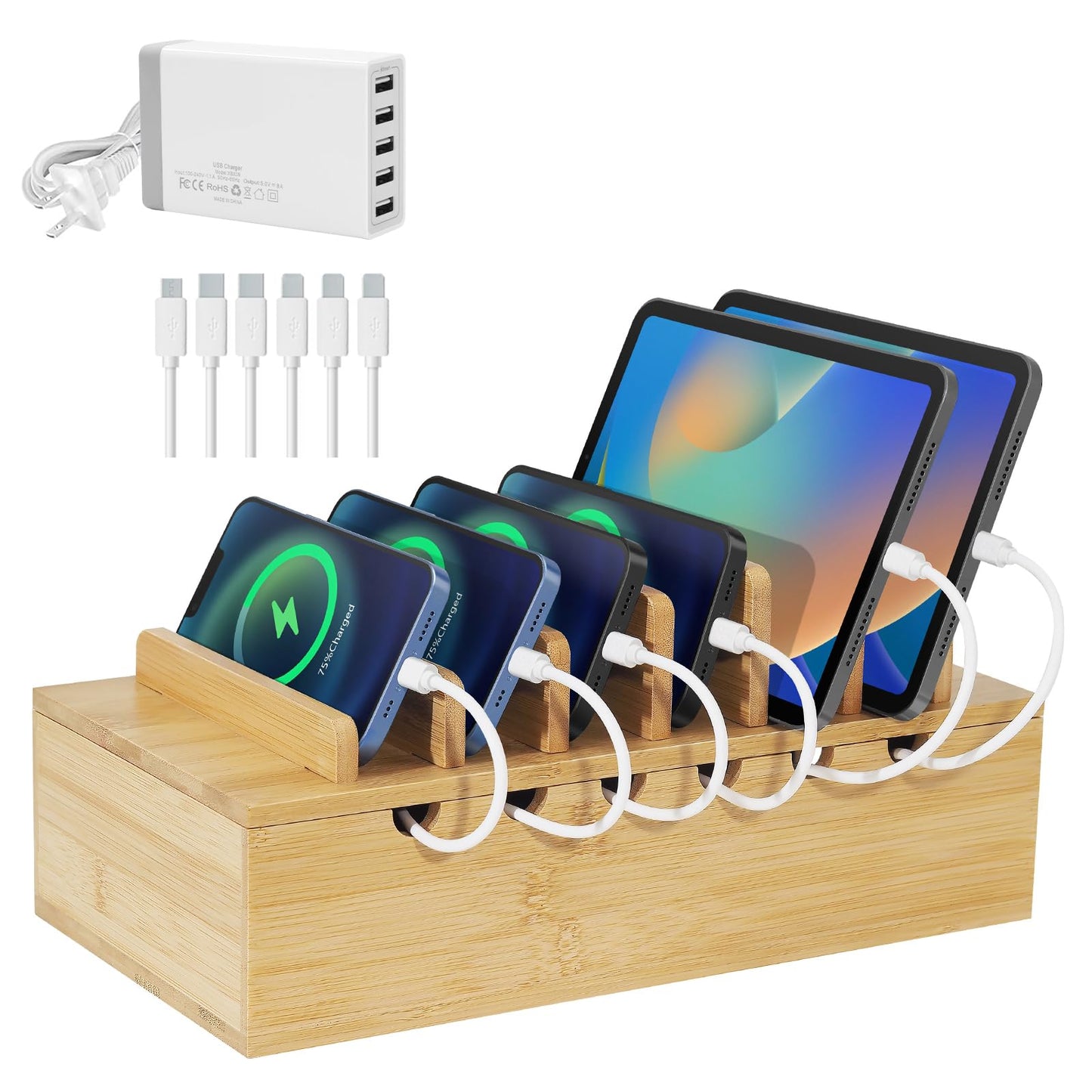 LEOKKARR Bamboo Charging Station for Multiple Devices (Includes 5 Port USB Charger, 6 x Charge Cables), Upgrade Desk Docking Stations Organizer for iPhone Devices, Tablets, Laptop Holder Stand