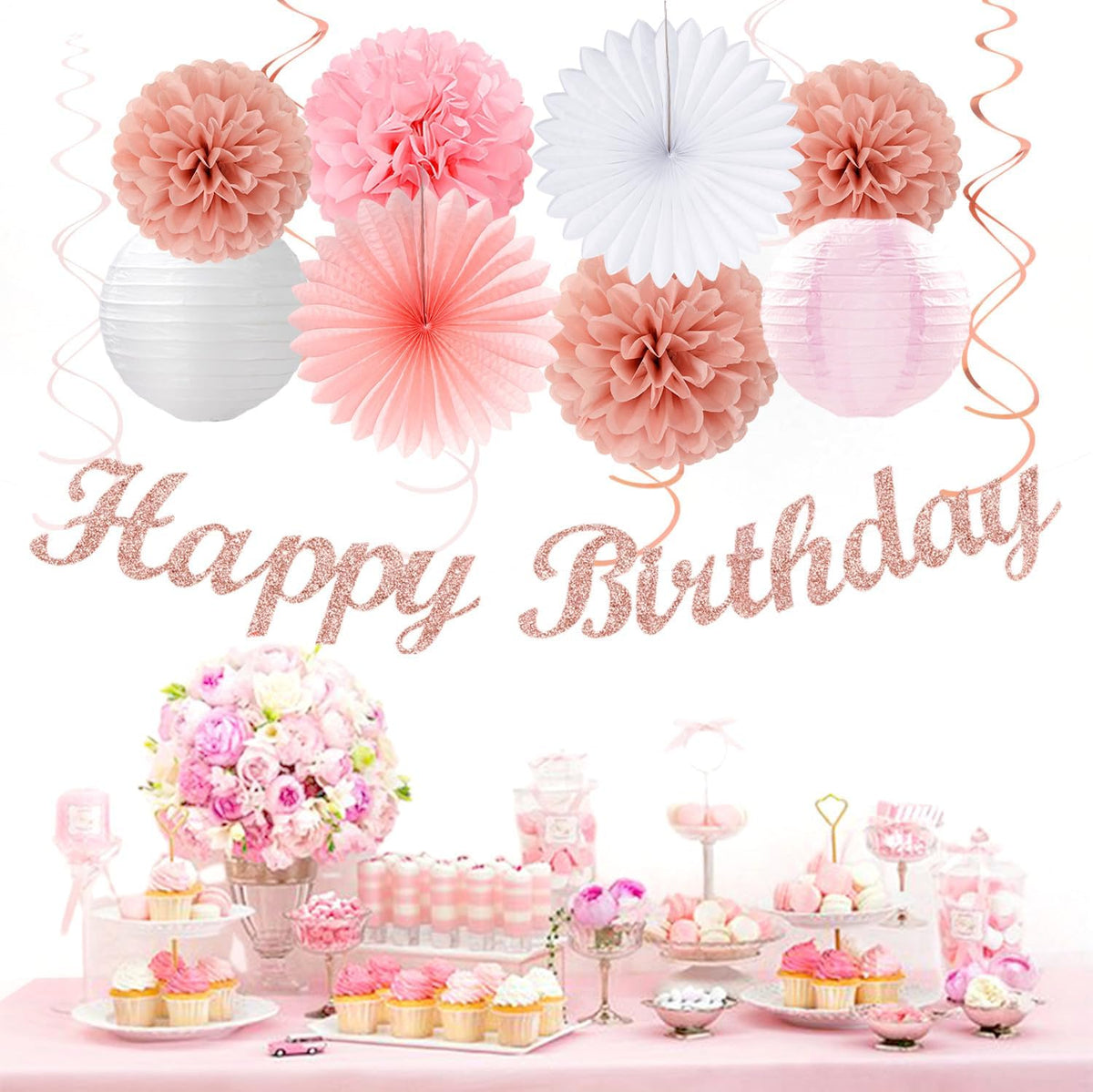 Rose Gold Birthday Party Decoration Kit, 31 Pcs – Banner, Pom Poms, Lanterns & Streamers in Pink & White for Girls Birthday & Bridal Shower
