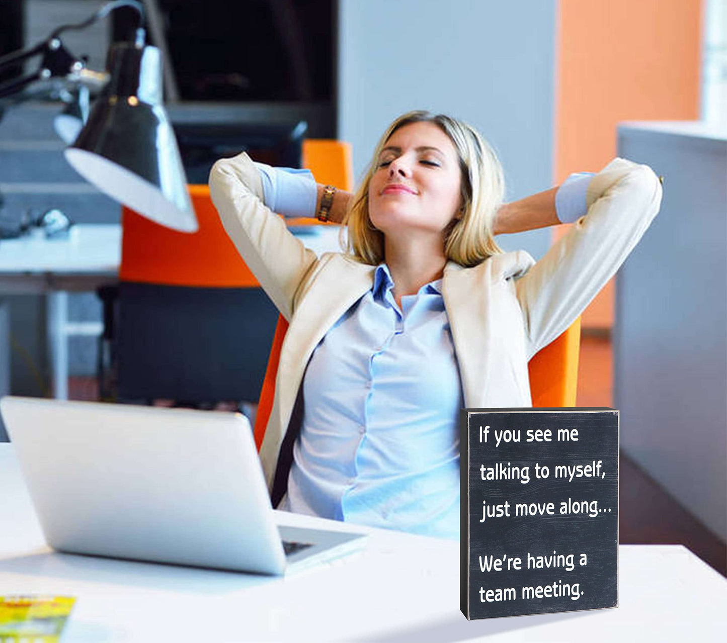 Esur Funny Office Desk Decor Wood Box Sign - Home Office Decorations Supplies for Women - Cute Cubicle Desk Accessories