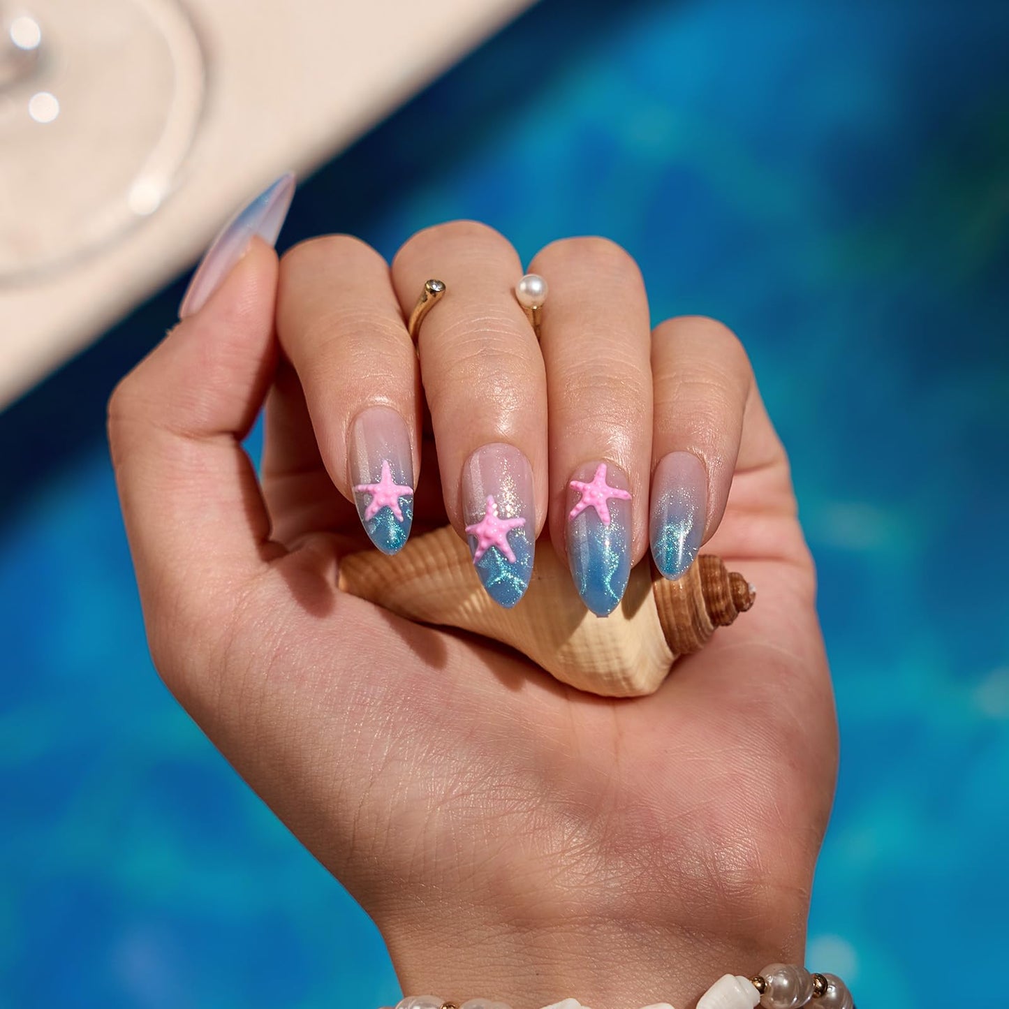 BTArtbox Press On Nails Medium - Star Shore, Easy-to-Apply 3D Starfish Blue Cat Eye Almond Press On Nails with Glue and Adhesive Tabs in 15 Sizes - 30 Nails All-in-One Kit