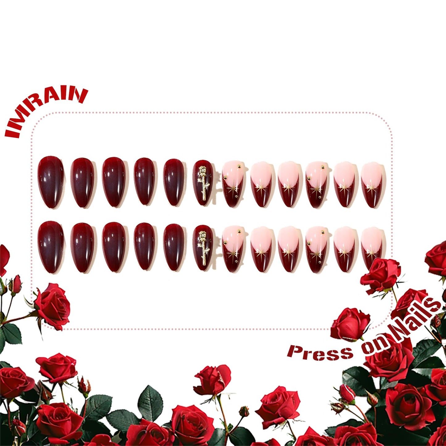 IMRAIN Press on Nails Medium Almond Fake Nails with 3D Golden Rose Designs Burgundy Acrylic False Nails Full Cover Stick on Nails for Women