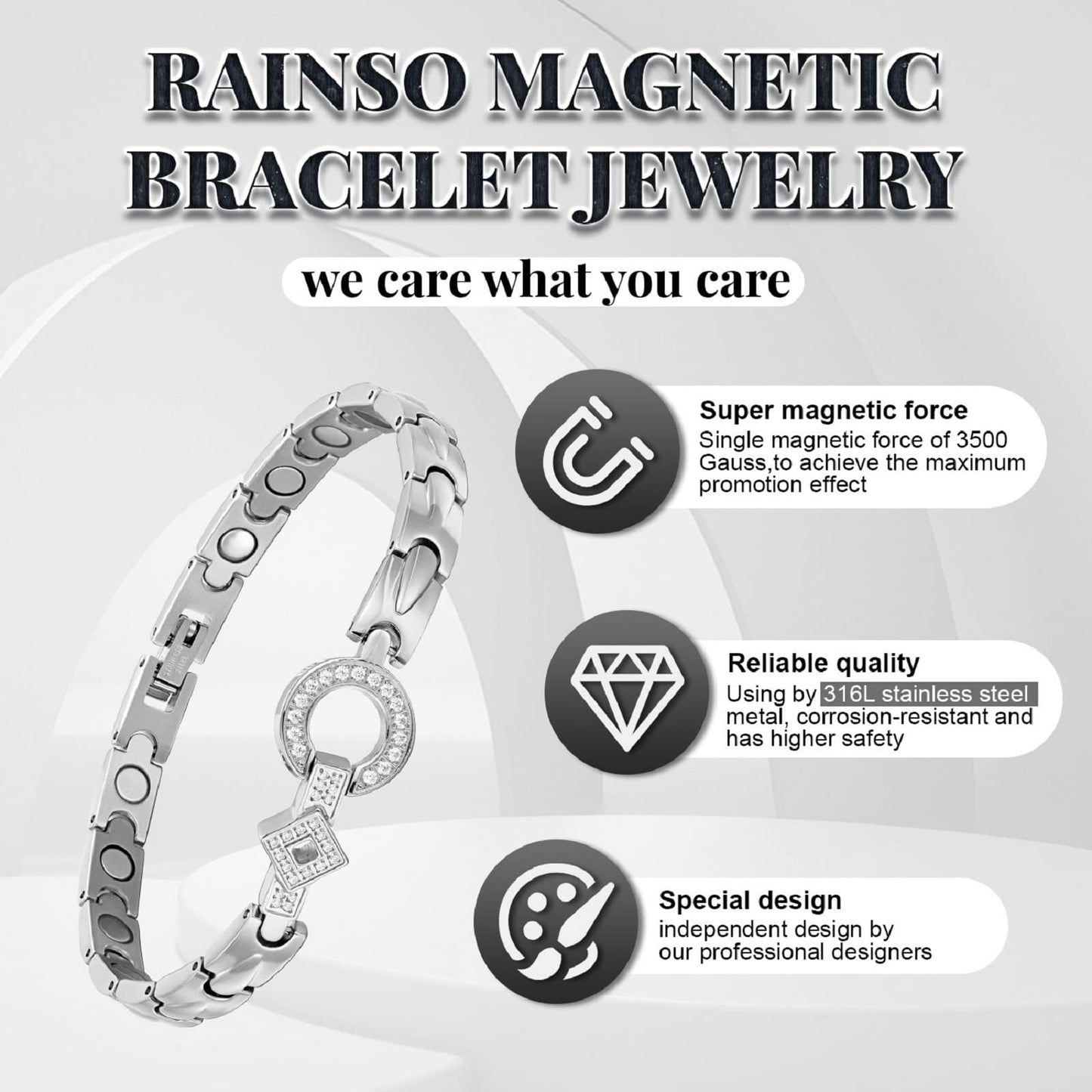 RainSo Elegant Womens Stainless Steel Magnetic Bracelets 3500 Gauss with Gift Box Adjustable
