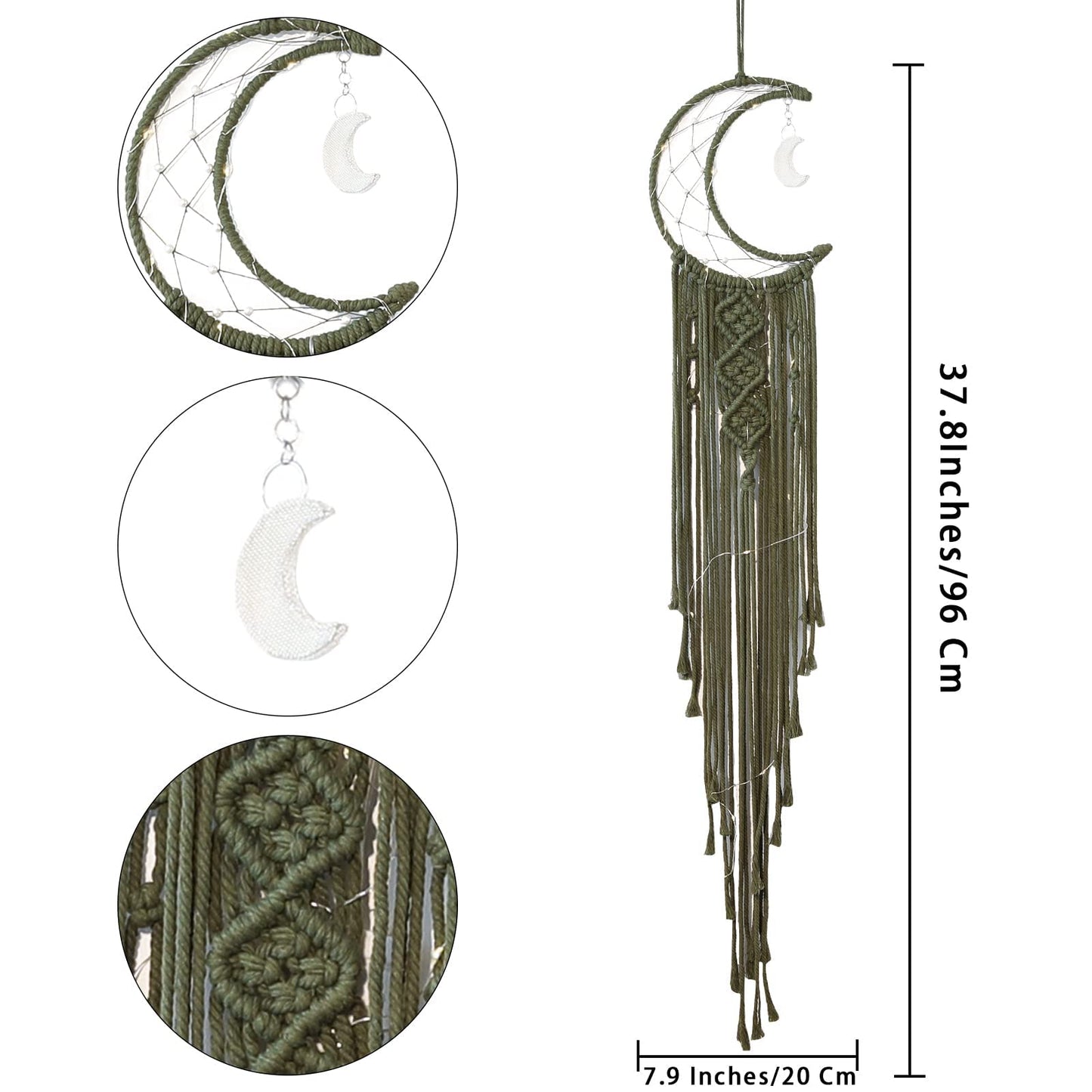Olive Macrame Moon Dream Catcher, Boho Crescent Phase Woven Wall Hanging with Light, Handmade Unique Bohemian Nursery Decor with Star Ornament Decoration for Home Bedroom, for Girl Kids
