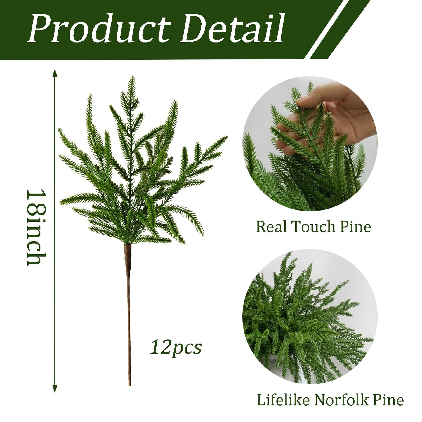 12 Pcs Real Touch Norfolk Pine Branches Christmas Decorations, 18 Inch Greenery Xmas Picks Artificial Plants Norfolk Pine Stems Home Decor for Vase DIY Garland Wreath Evergreen Winter Decor