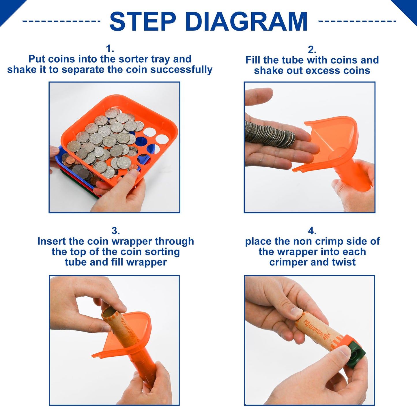 ESSENTIAL Coin Sorter Trays & Coin Counter Tubes, Coin Roller Crimping Tool with 60 Pcs Assorted Preformed Coin Wrapper Rolls