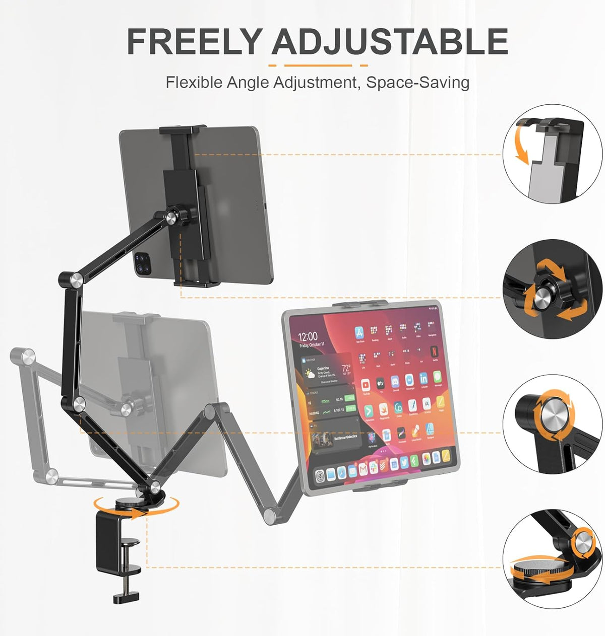 Tablet Stand Holder, Adjustable Foldable Tablet Arm iPad Desk Mount with 360°Rotate Base, Phone Holder iPad Stand for Desk and Bed, Compatible with Tablets, Phones or Other 4-15.6" Device
