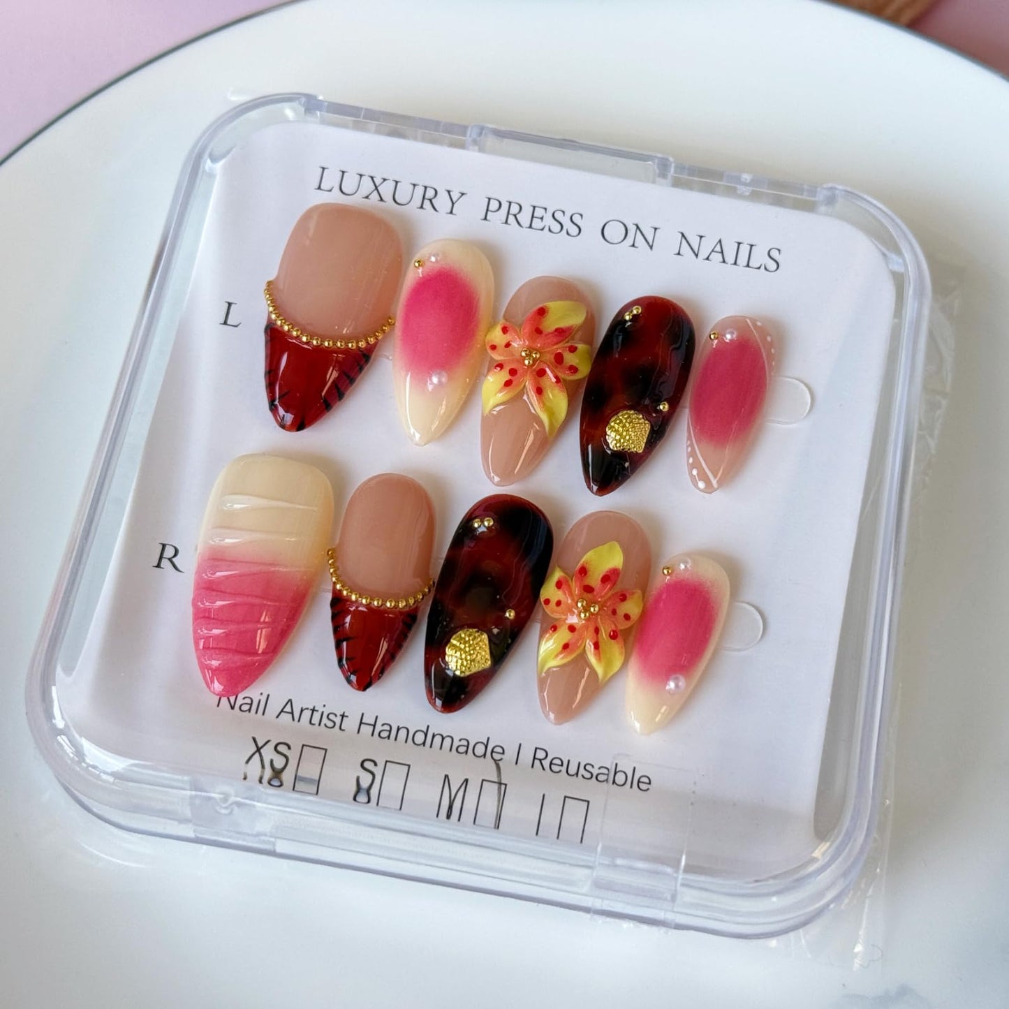 Haozerart Luxury Handmade Press On Nails Medium Almond, Red French Tip With Gold Beads, 3D Flower & Gold Shell Glossy Reusable Fake Nails for Women, 10Pcs Size M