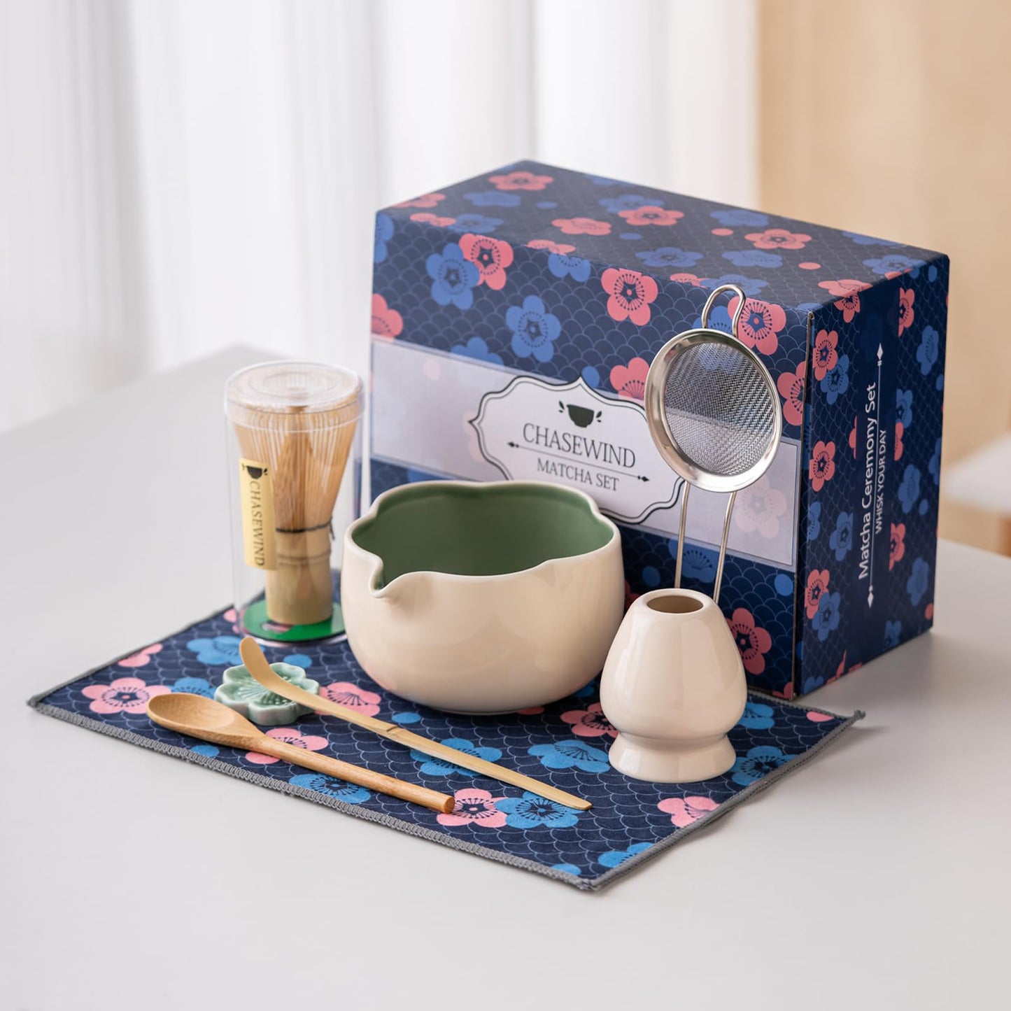 ChaseWind Matcha Set, 8Pcs Floral Ceramic Matcha Kit with Matcha Whisk, Holder, Scoop, Scoop Rest, Sifter, Spoon and Tea Towel - Thoughtful Matcha Whisk Set Gift for Matcha Lovers (Beige & Green)
