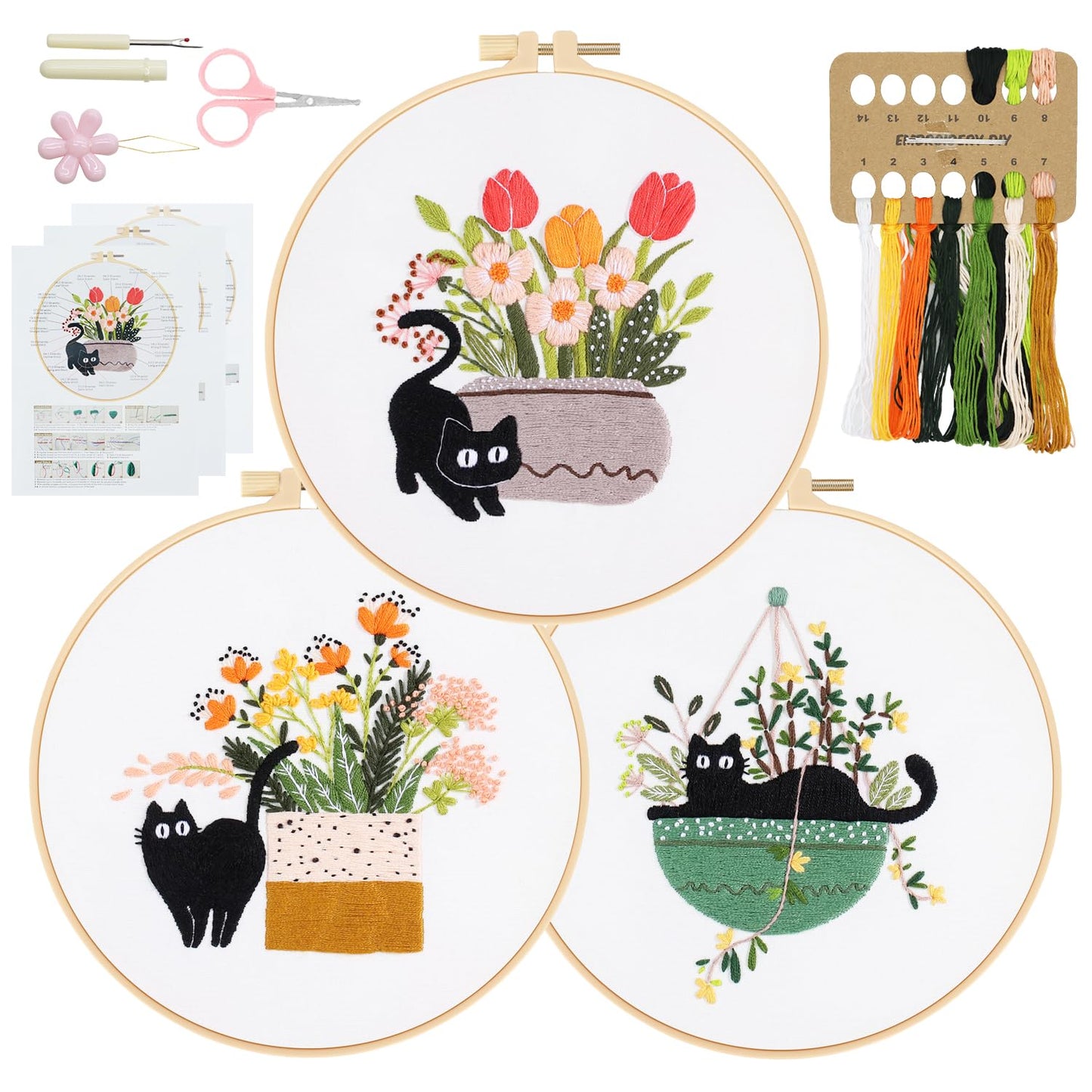 RidaaFri Embroidery Kit for Beginners, Set of 3 Stamped DIY Kits with Cat, Floral, Plant Patterns for Adults, Includes Hoop, Needles, Floss, Step-by-Step Video Tutorial, Complete Sewing Craft Supplies