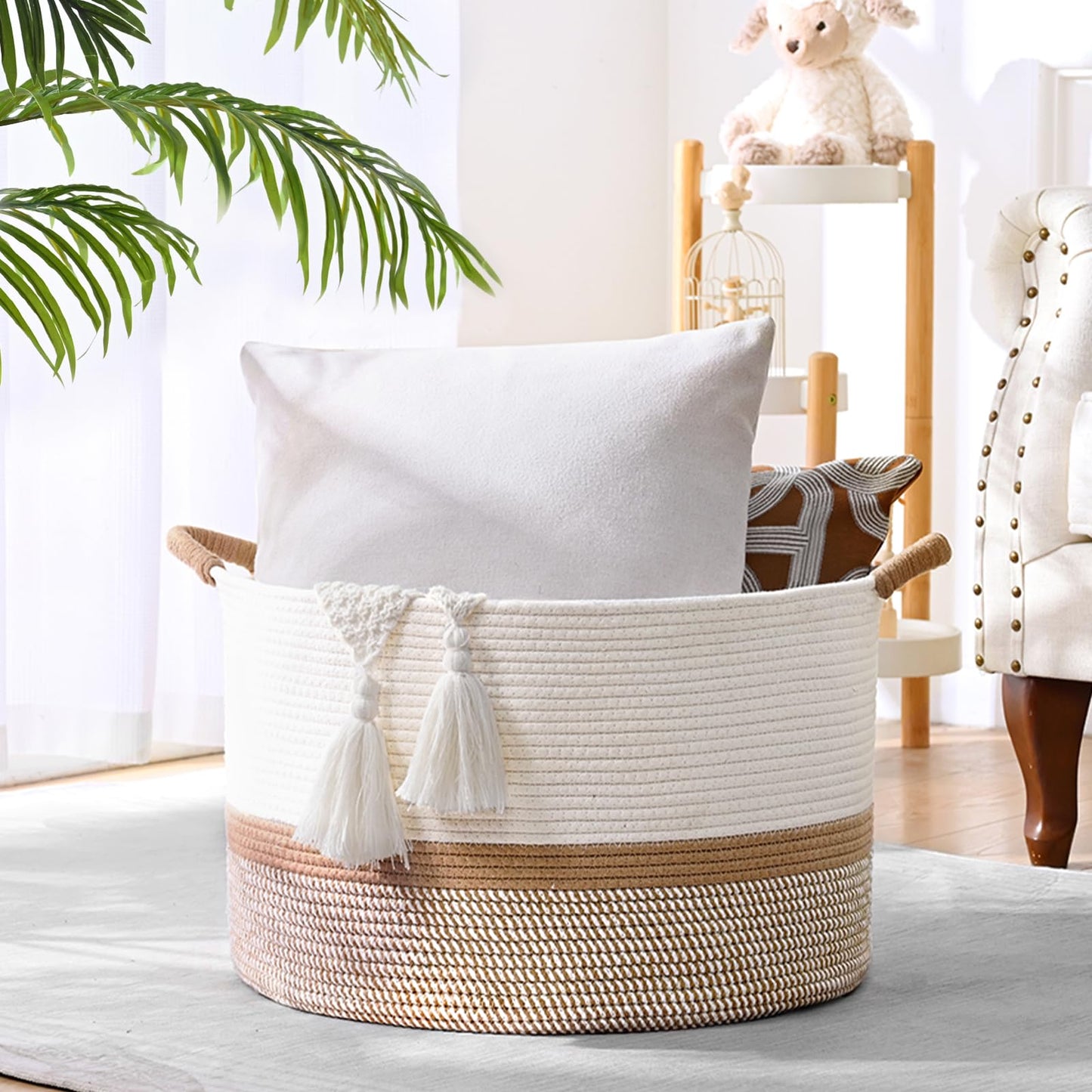 Degeyoyo 67L Large Blanket Basket, 20"x13" Woven Storage Baskets With Handle, Cotton Rope Blanket Basket Living Room, Baby Laundry hamper for Blanket, Nursery, Toy, Pillow (White & Brown)
