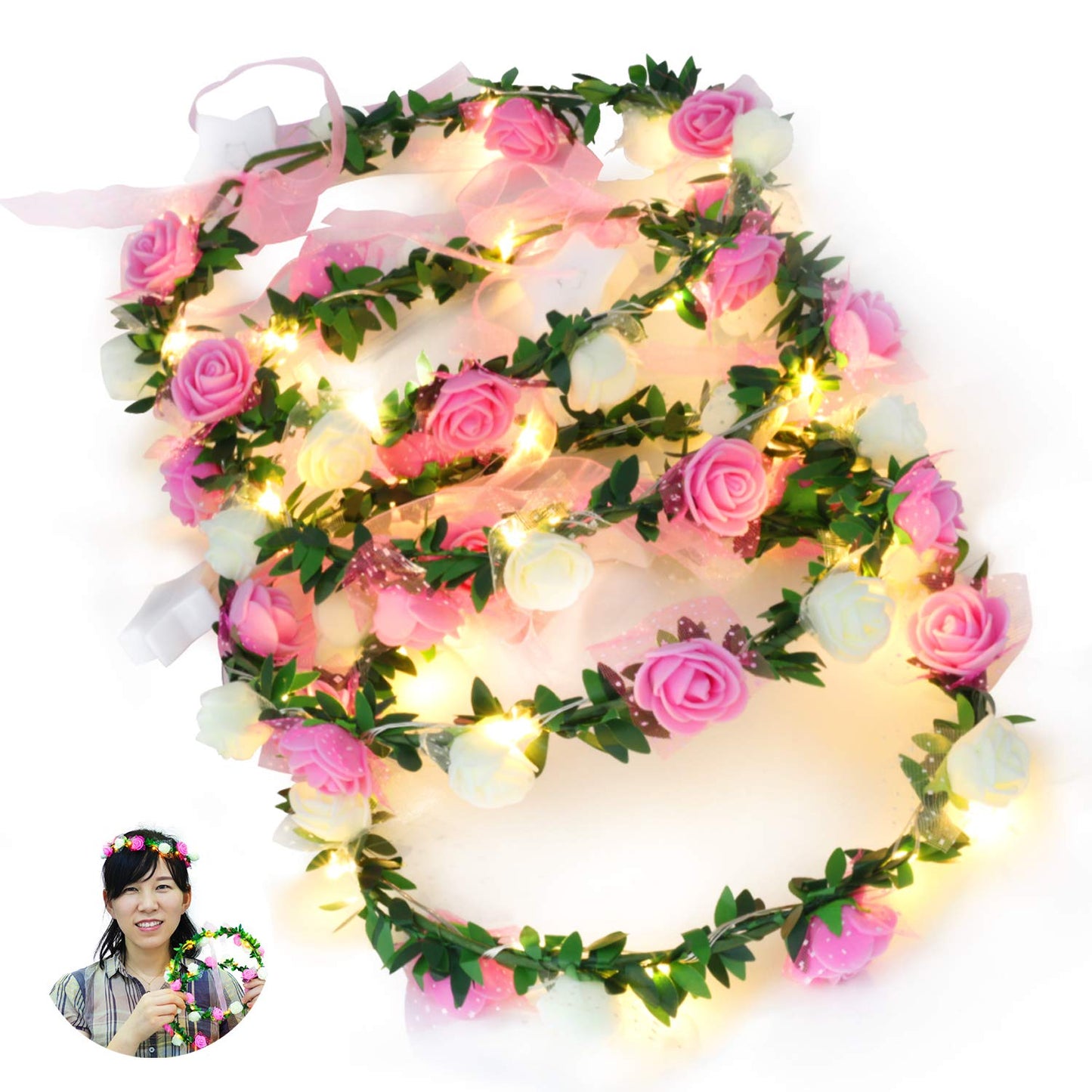 Novelty Place 4 Pack Light Up Flower Headband - LED Floral Head Crown for Wedding, Festival and Party - 4 Pieces