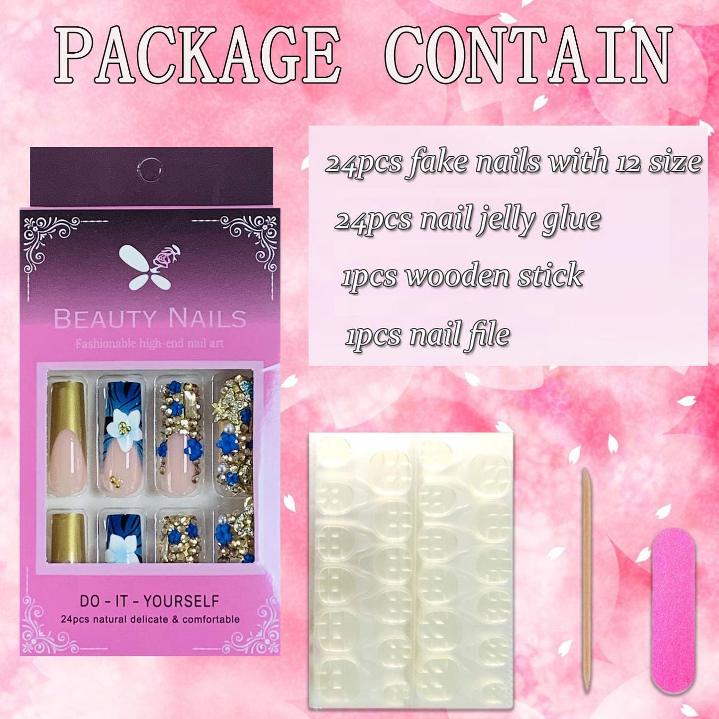 FIEONCIY Press on Nails Coffin Long Length Acrylic Glossy Full Cover Square Shaped French False Nails with Designs Artificial Extra Long Fake Nails with Charms Glue ons Fingernails for Women(AA176)