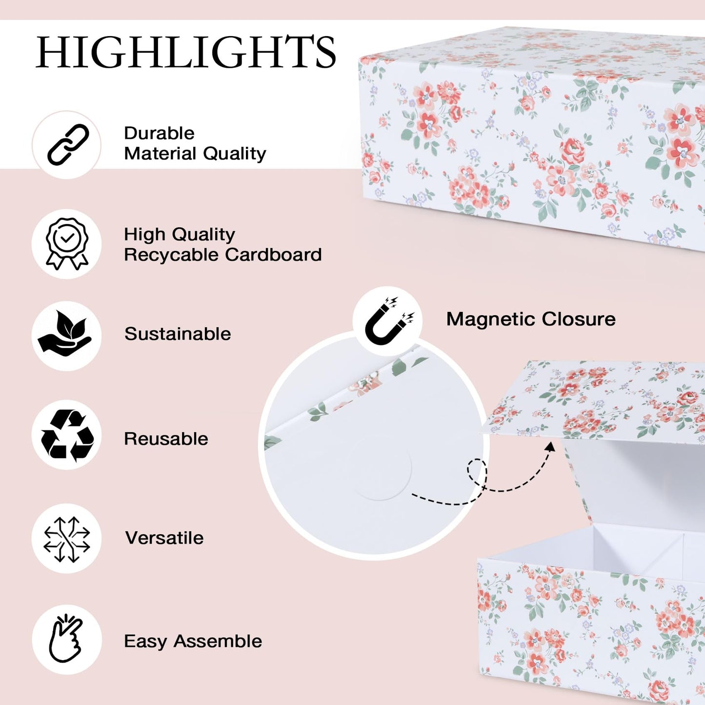 LFBOX Rose Floral Gift Box with Magnetic Lids 13.8x8.3x4.4 in, Large Bridesmaid Proposal Boxes, Rectangle Wedding Decorative Storage Box 3 Pack