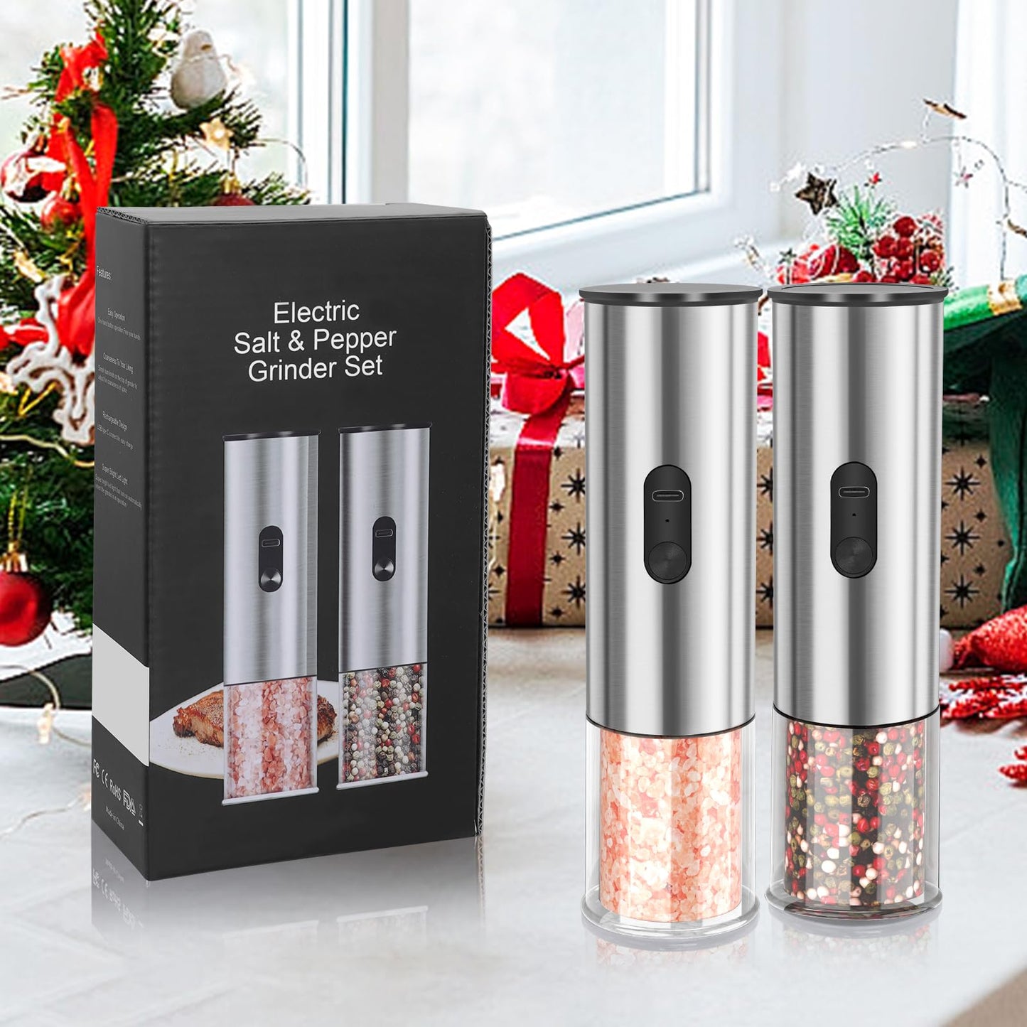 Enutogo Electric Salt and Pepper Grinder Set, Rechargeable Salt and Pepper Shakers Refillable, Automatic Pepper Mill with Adjustable Coarseness, One Hand Operation with LED light, Stainless Steel