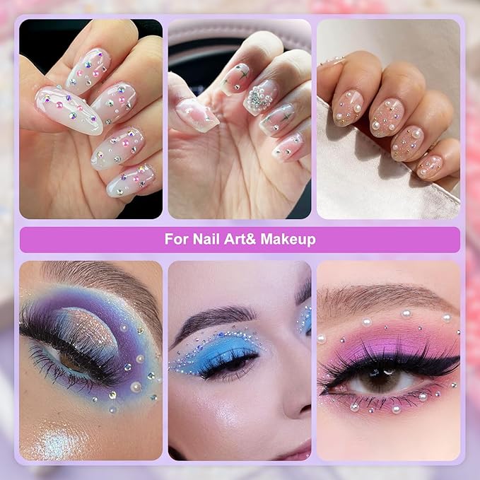 2 Boxes Flat Back Pearls Kit 19 Flatback Blue Series Half Round Pearls 2-8mm with Pickup Pencil and Tweezer for Home DIY and Professional Nail Art, Face Makeup and Craft